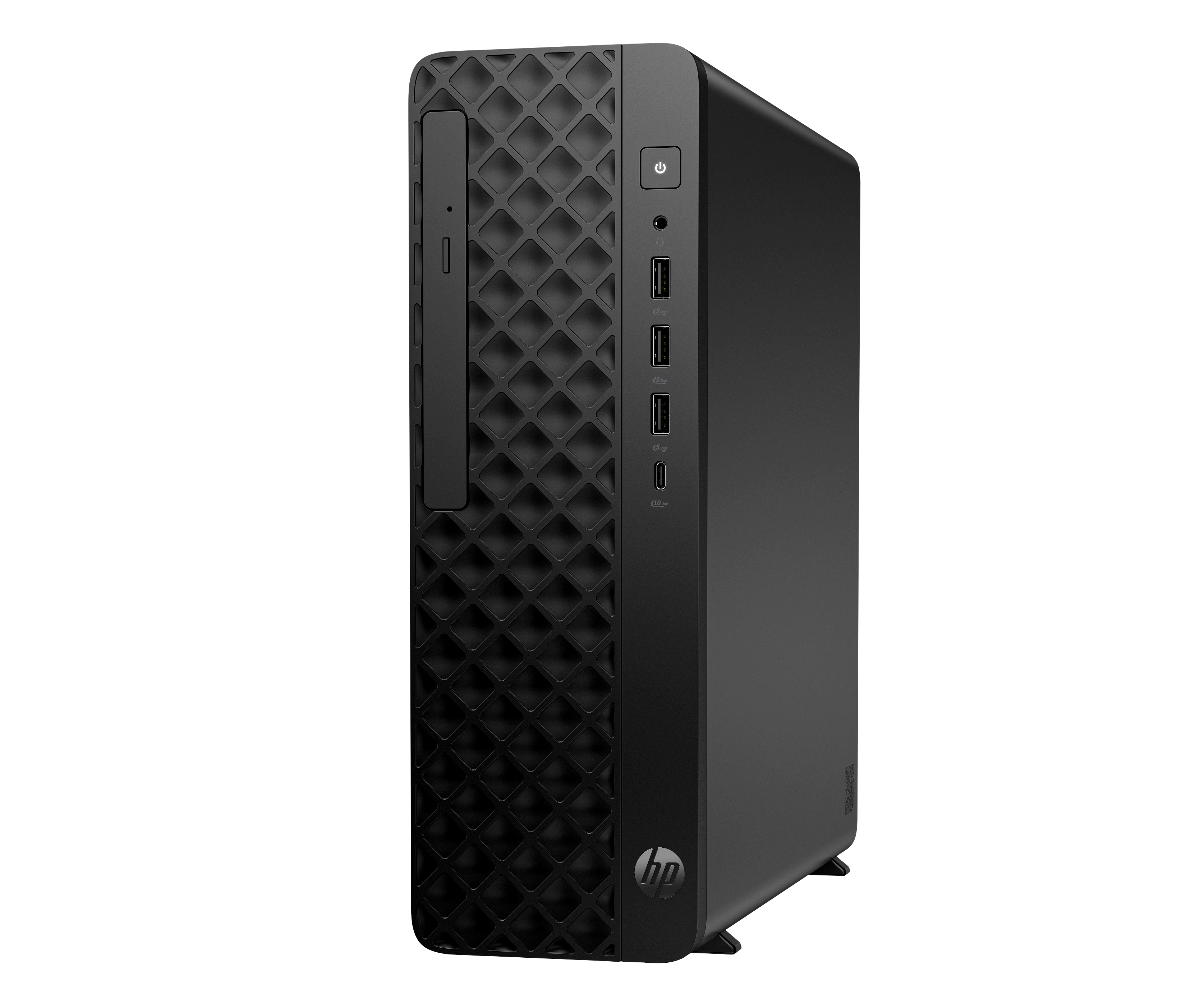 Un computer HP nero. Il pannello frontale ha un motivo a diamante. Porte e pulsante di accensione visibili. Il logo HP è in basso.
