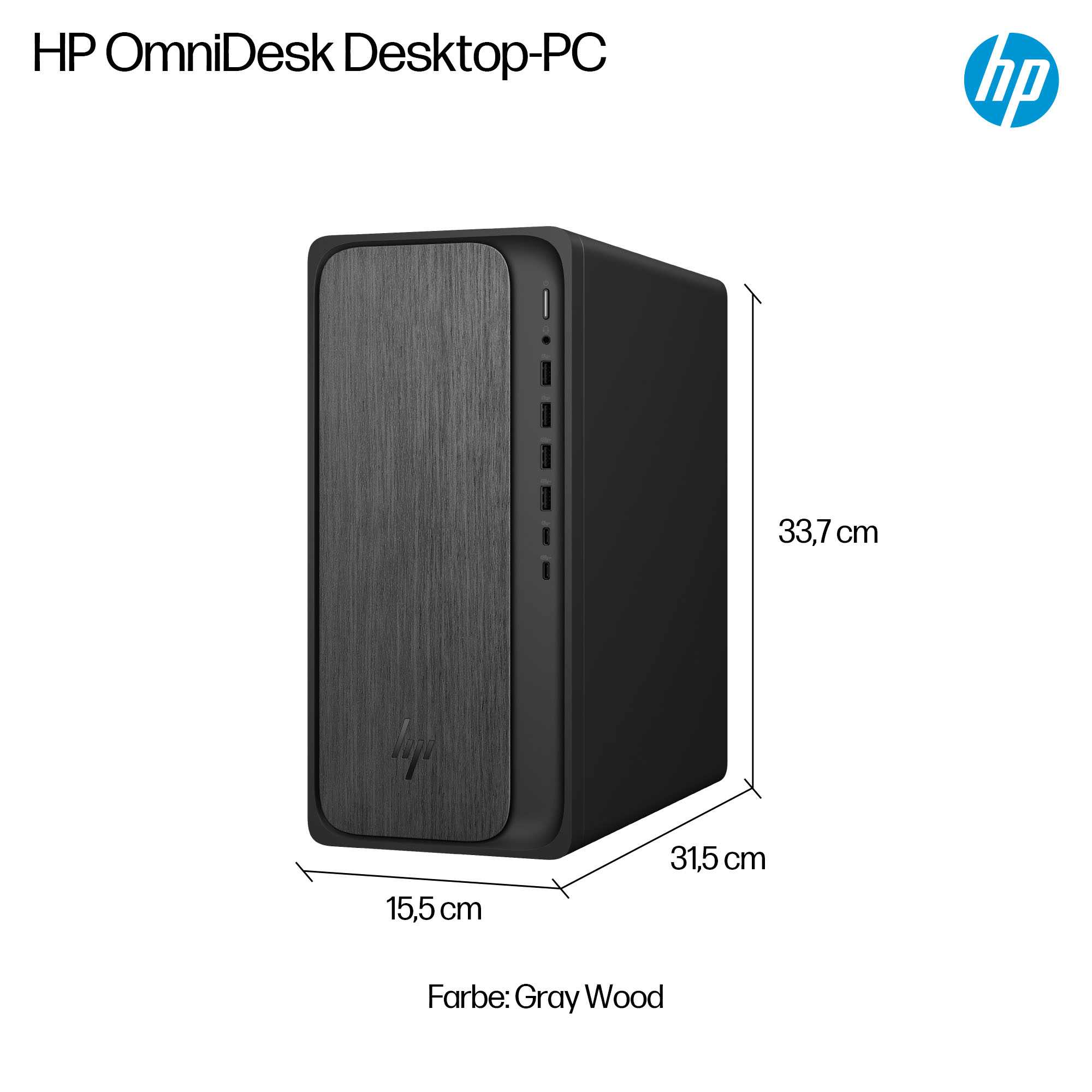 Komputer stacjonarny HP OmniDesk w szarym wykończeniu drewna. Wymiary są podane. Logo HP znajduje się w prawym górnym rogu.