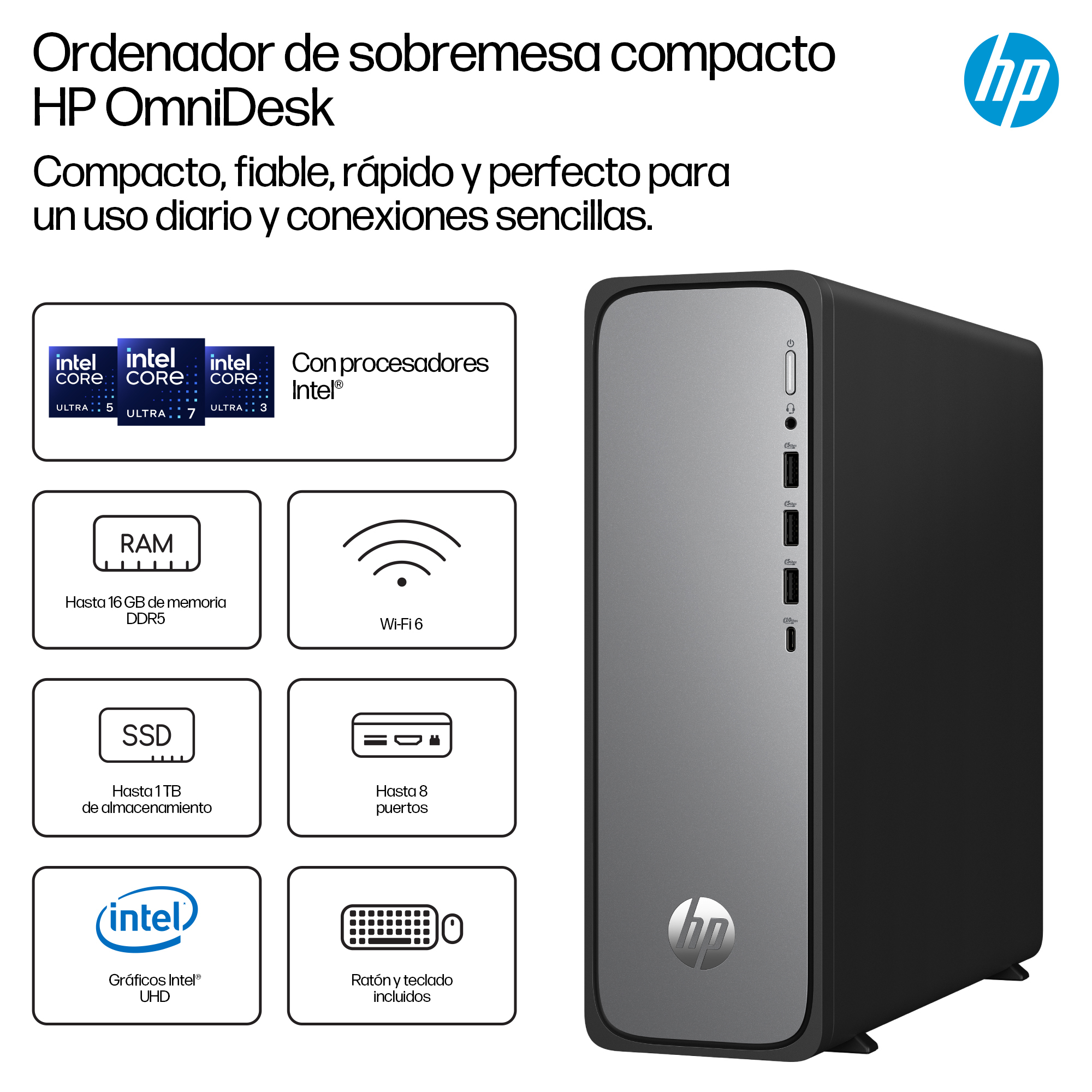 Komputer HP OmniDesk. Czarna i szara wieża z logo procesora Intel, pamięcią RAM, dyskiem SSD, Wi-Fi i portami. Logo HP w prawym dolnym rogu.