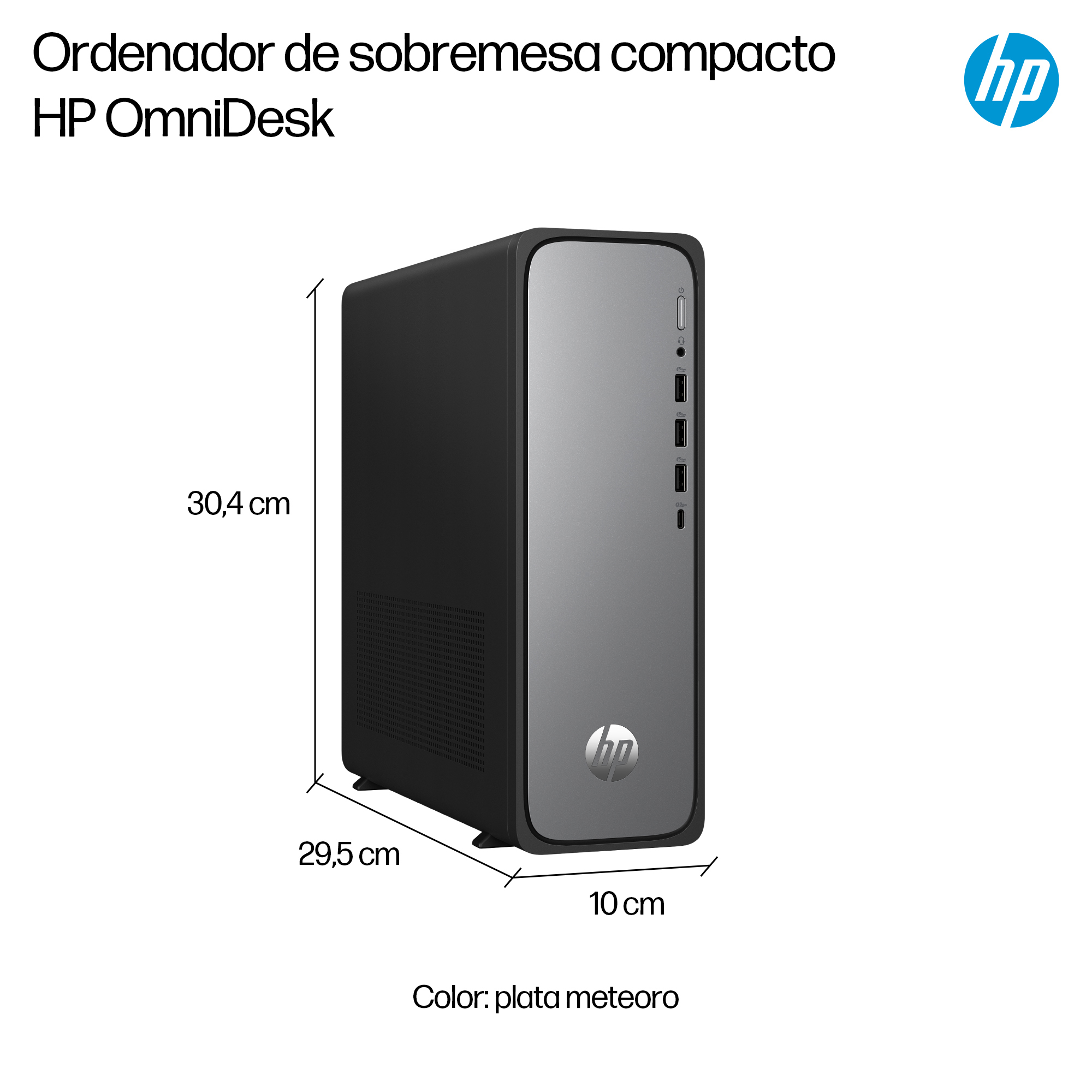 Kompaktowy komputer HP OmniDesk w kolorze srebrnym, z wymiarami i logo HP. Tekst wskazuje model i kolor.
