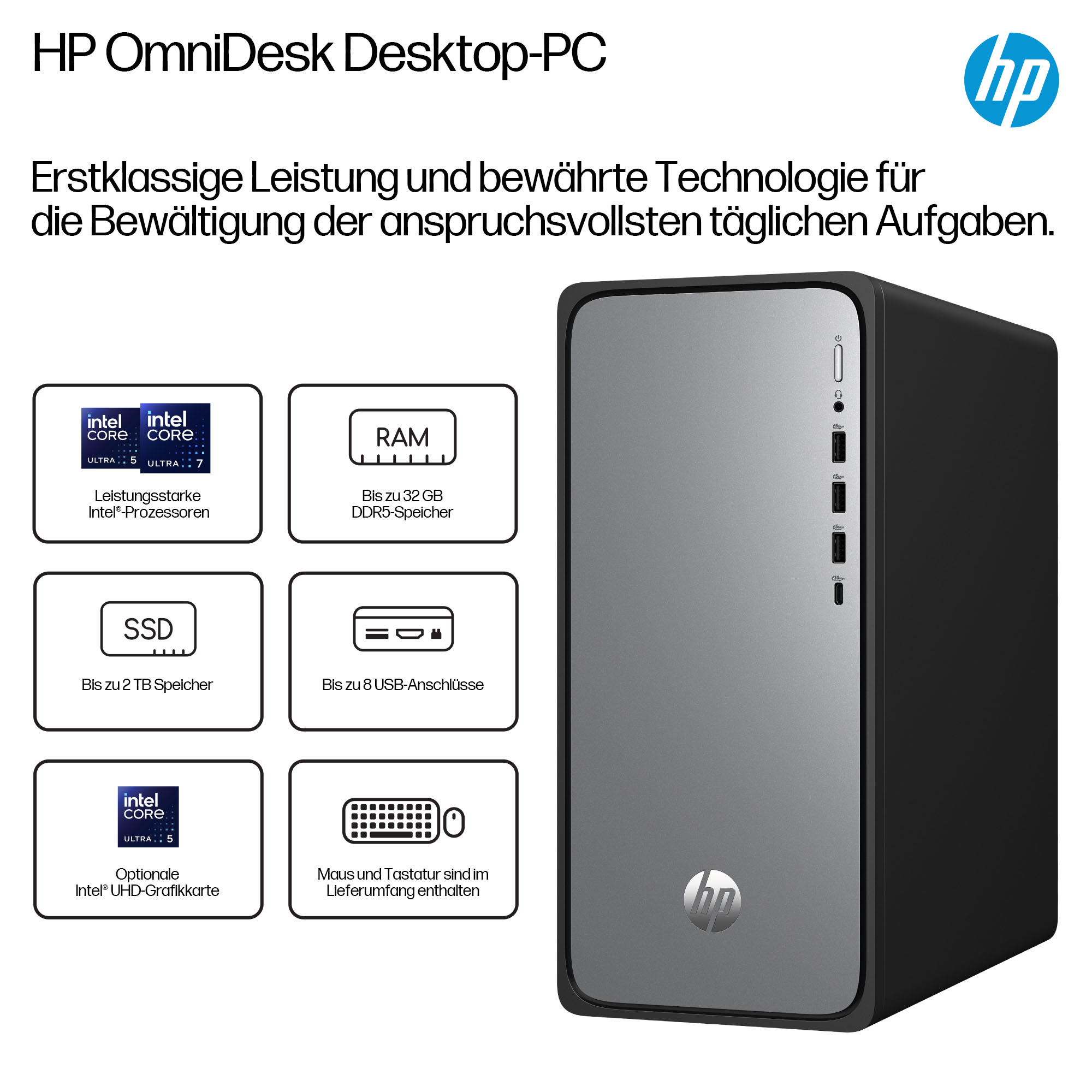 Komputer HP OmniDesk. Czarna i srebrna obudowa PC z procesorem Intel i ikonami komponentów. Logo HP w prawym górnym rogu.