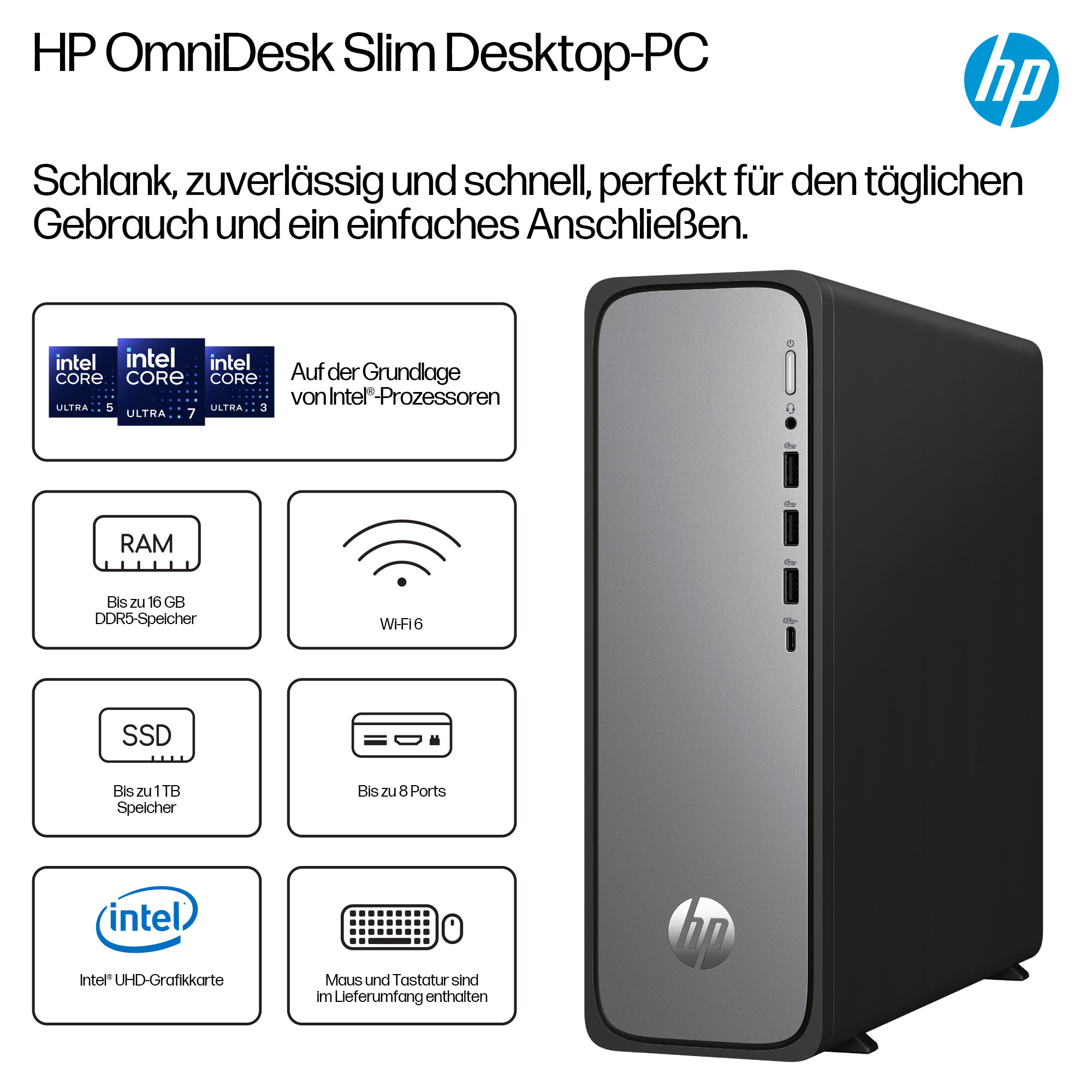 HP OmniDesk Slim PC. Czarna i szara obudowa z logo Intel Core i specyfikacjami. Zawiera pamięć RAM, SSD i porty.