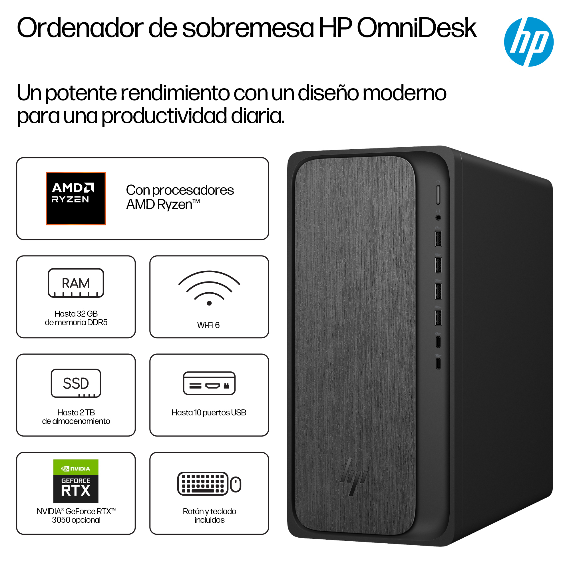 Czarny komputer stacjonarny HP OmniDesk. Posiada procesor AMD Ryzen, Wi-Fi 6 i do 10 portów USB. Zawiera mysz i klawiaturę.