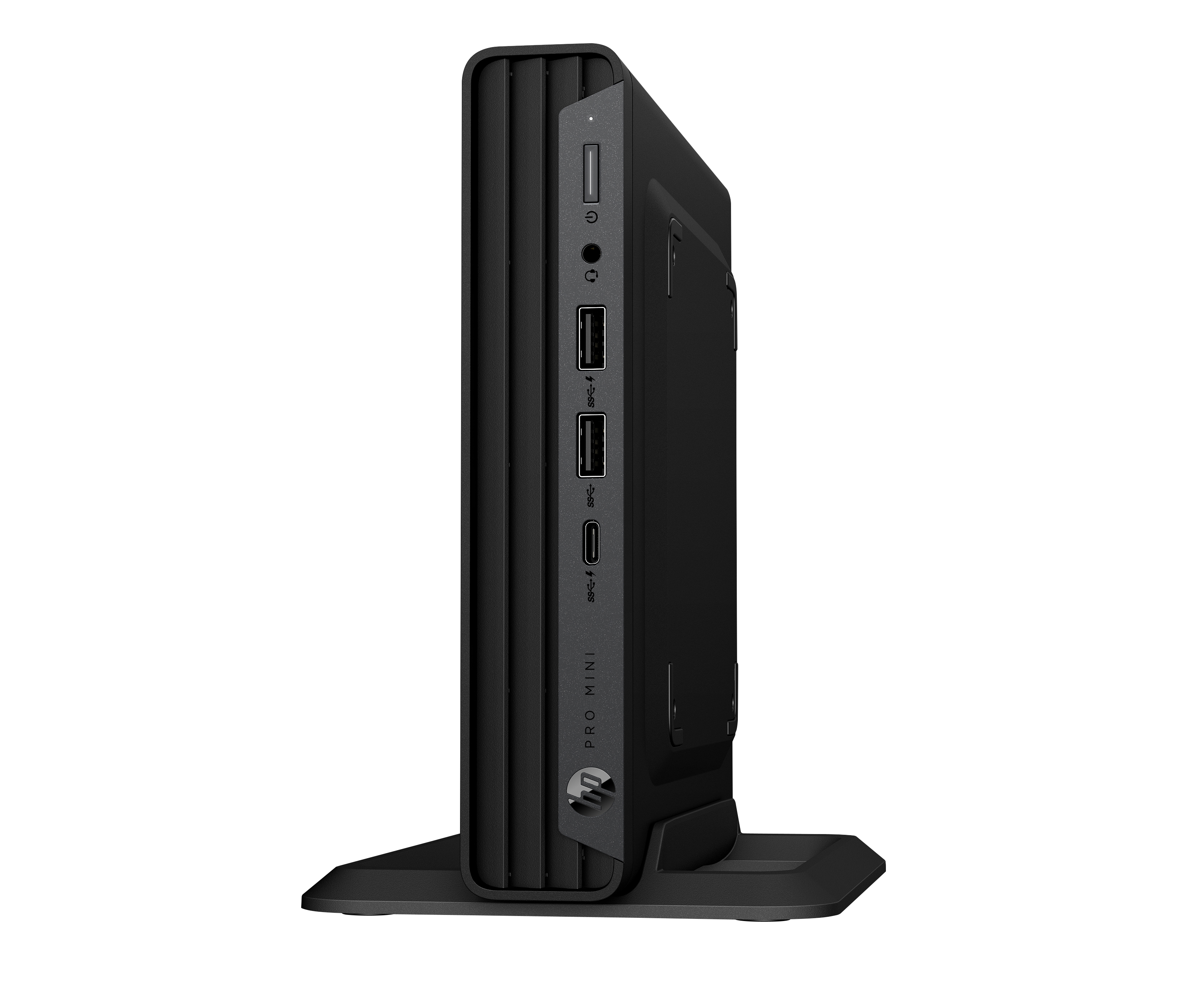 PC HP Pro Mini nero su supporto. Presenta pulsante di accensione, porte USB e jack audio.