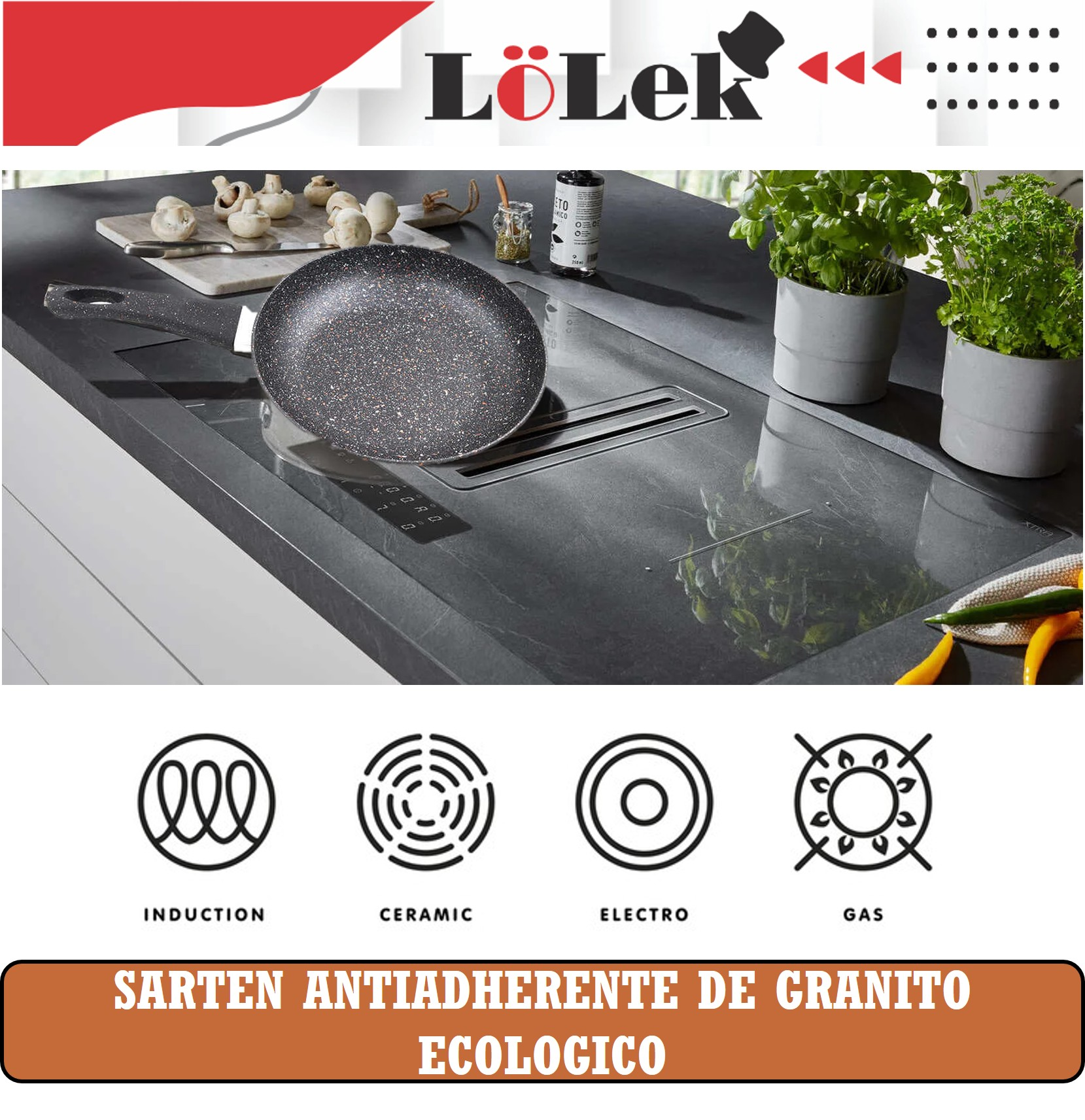 Una sartén antiadherente de granito sobre una encimera moderna. Hongos, hierbas y símbolos de cocina son visibles.