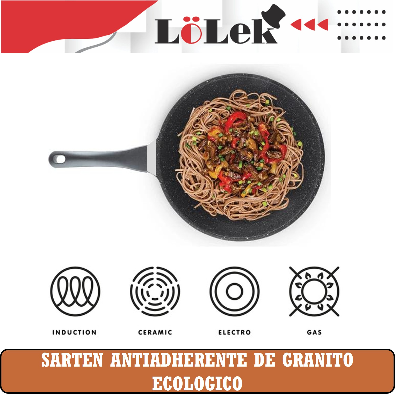 Una sartén con fideos y verduras. Logotipos de inducción, cerámica, electro y gas. Texto: Sartén antiadherente de granito ecológico.