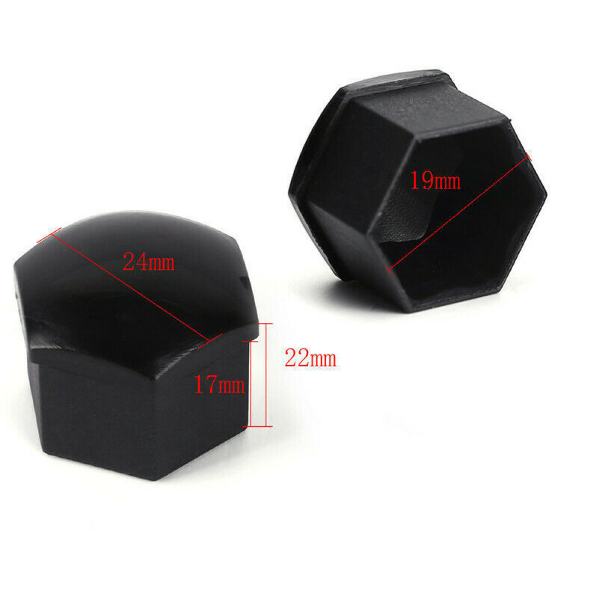 Zwei schwarze Radmutternkappen mit roten Messungen. Eine ist 24 mm, 17 mm und 22 mm. Die andere ist 19 mm.