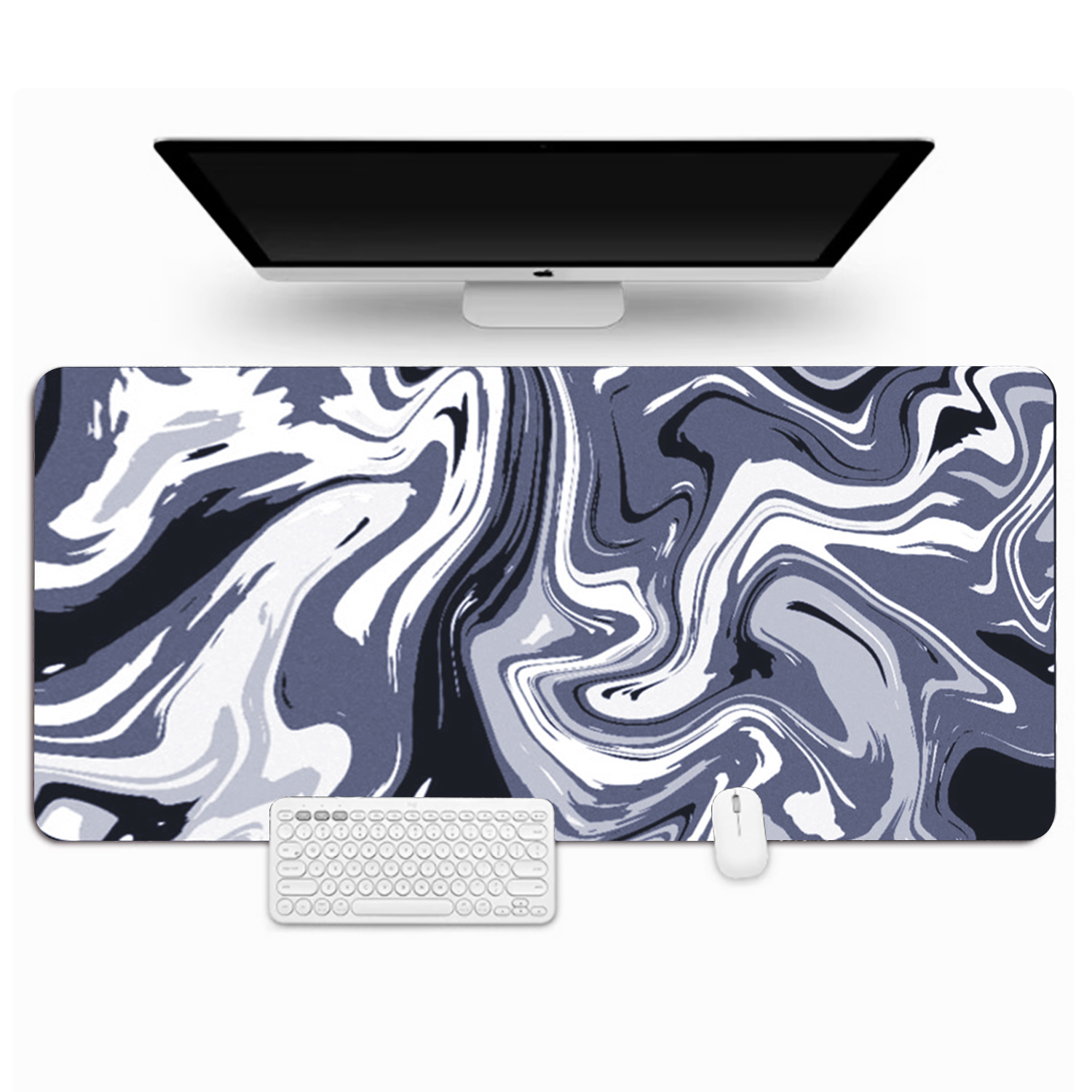 Konfiguracja komputera z monitorem, klawiaturą i myszką. Mata biurkowa ma wirujący wzór marmuru w odcieniach szarości i bieli.