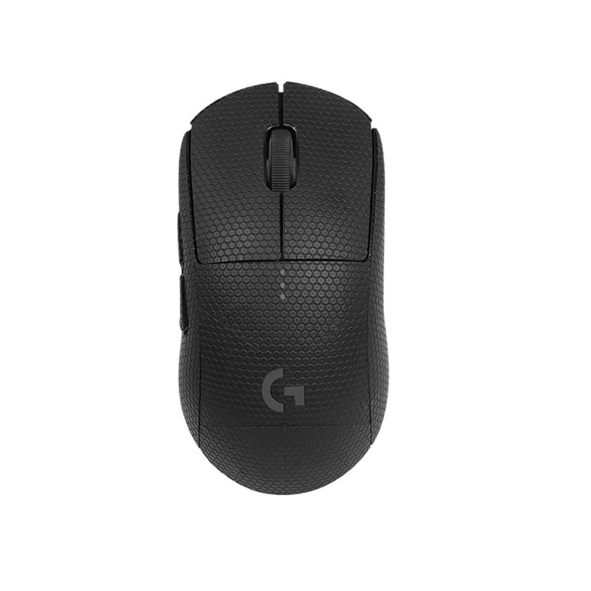 Eine schwarze, kabellose Logitech-Maus. Sie hat eine strukturierte Oberfläche, ein Scrollrad und das Logitech-Logo.