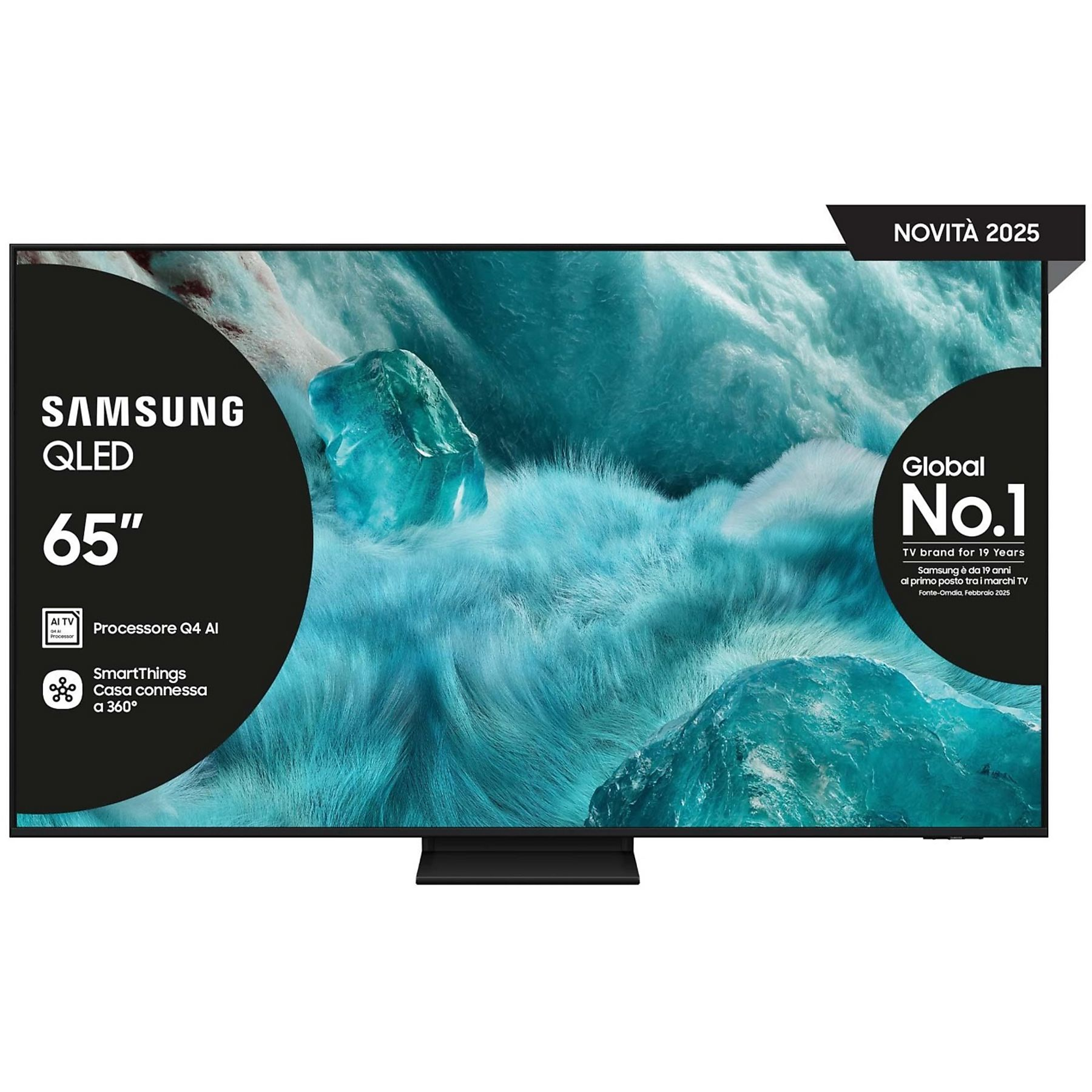 Telewizor Samsung QLED 65 cali. Funkcje: procesor AI, SmartThings i marka Global No.1. Tło z niebieskim wzorem.