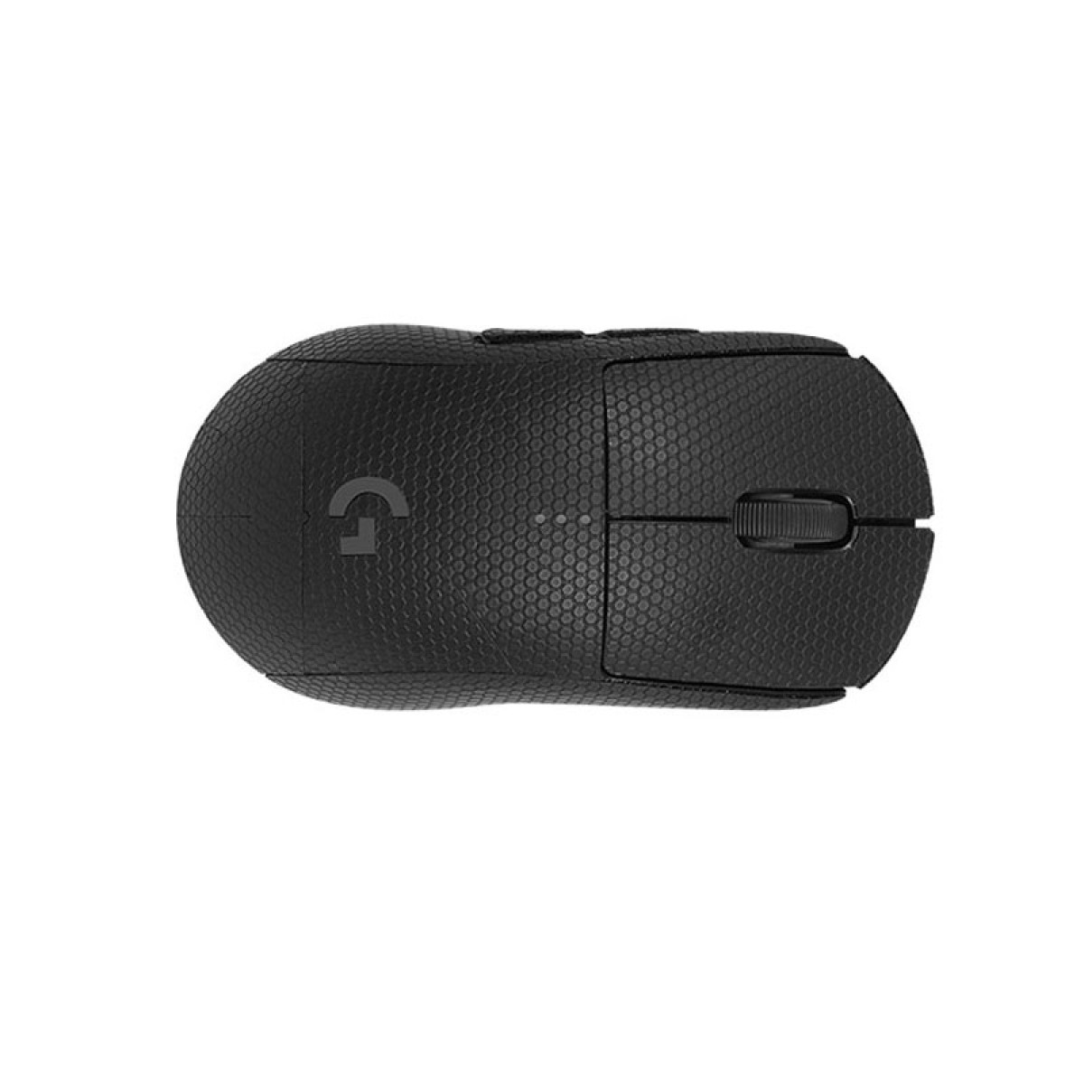 Czarna bezprzewodowa mysz Logitech. Ma teksturowaną powierzchnię, kółko przewijania i logo Logitech 'G'.