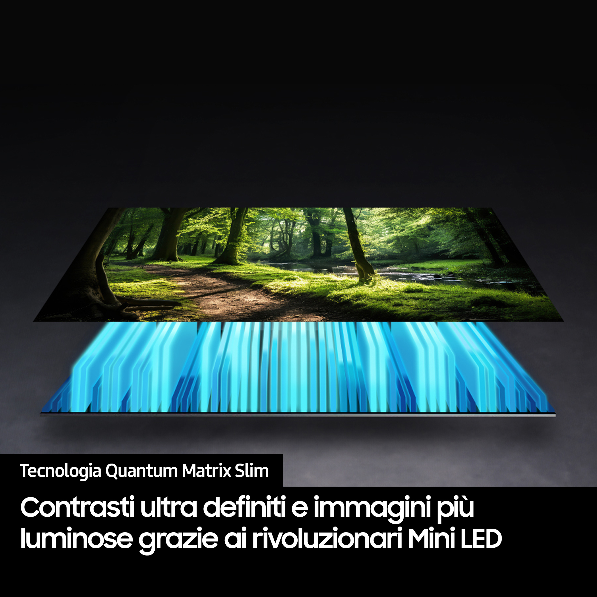 Un écran de télévision affiche une scène de forêt au-dessus de rayons de lumière bleus. Le texte indique 'Quantum Matrix Slim' et 'contrastes ultra définis'.