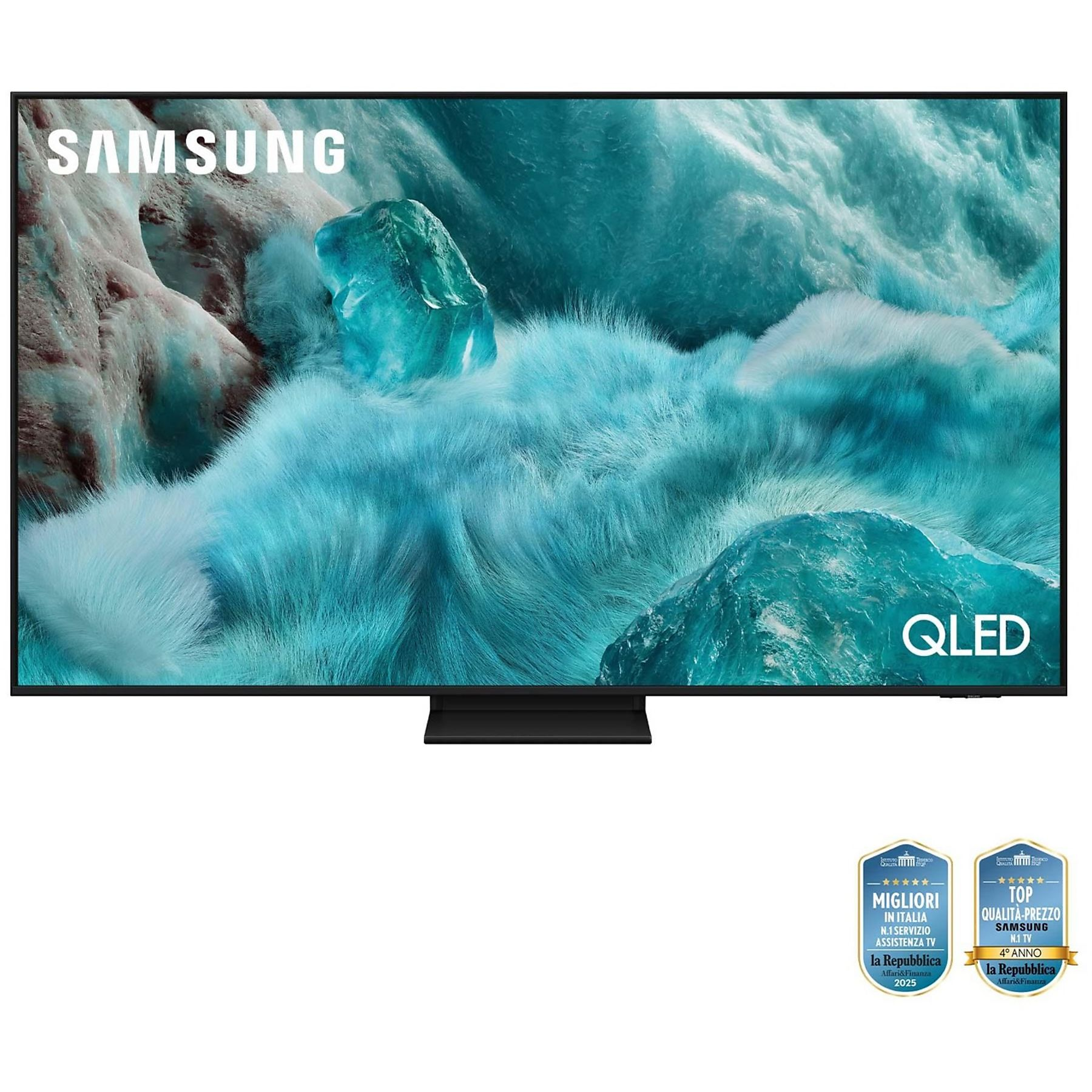 Telewizor Samsung QLED wyświetla stylizowany obraz w kolorze niebiesko-białym. Logo Samsung i nagrody znajdują się u góry i u dołu.