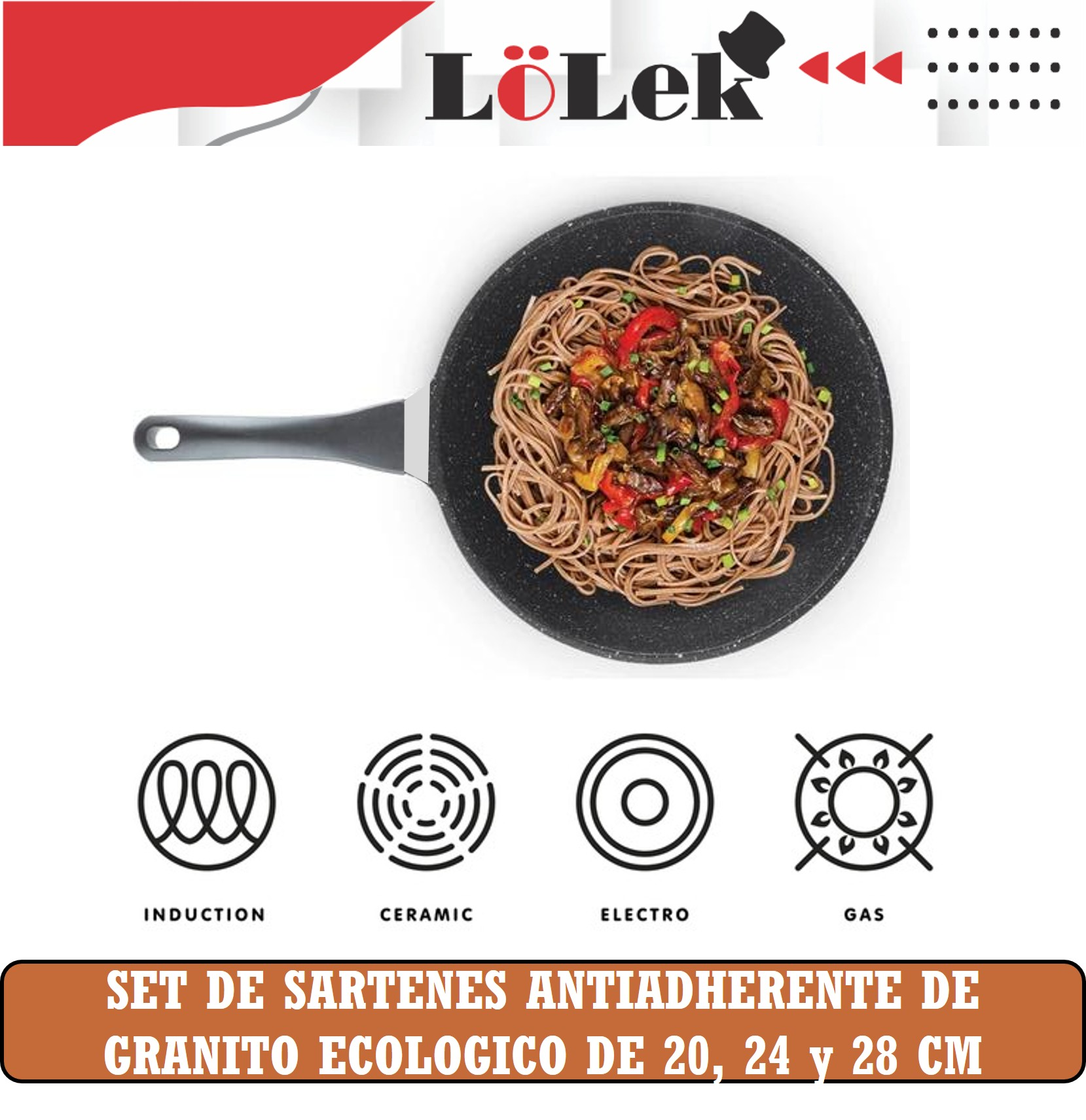 Una sartén con fideos y verduras sobre blanco. La marca es Lolek. Hay iconos para diferentes encimeras.