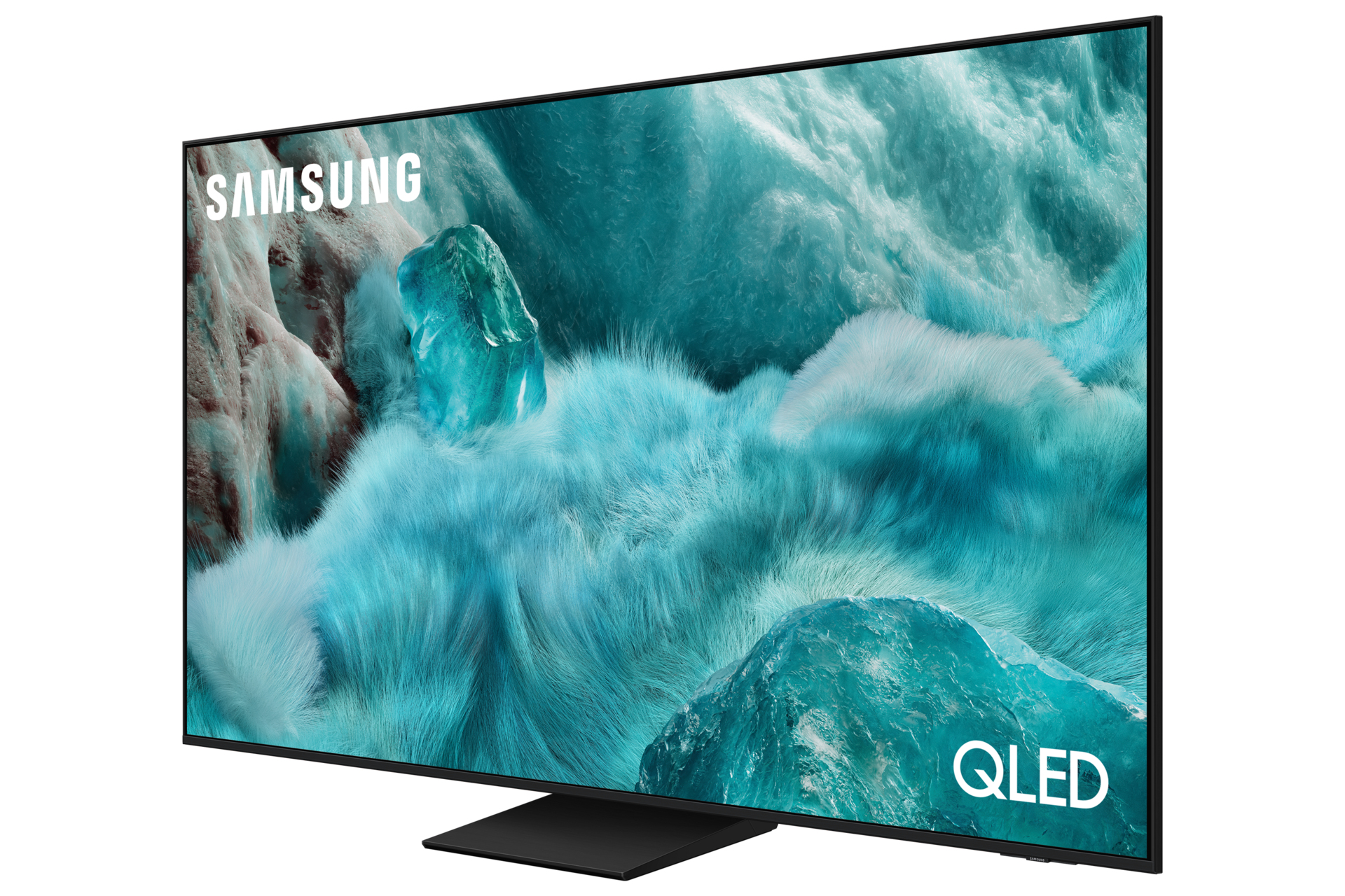 Telewizor Samsung QLED. Wyświetla niebiesko-biały abstrakcyjny obraz. Telewizor jest czarny z czarną podstawą.