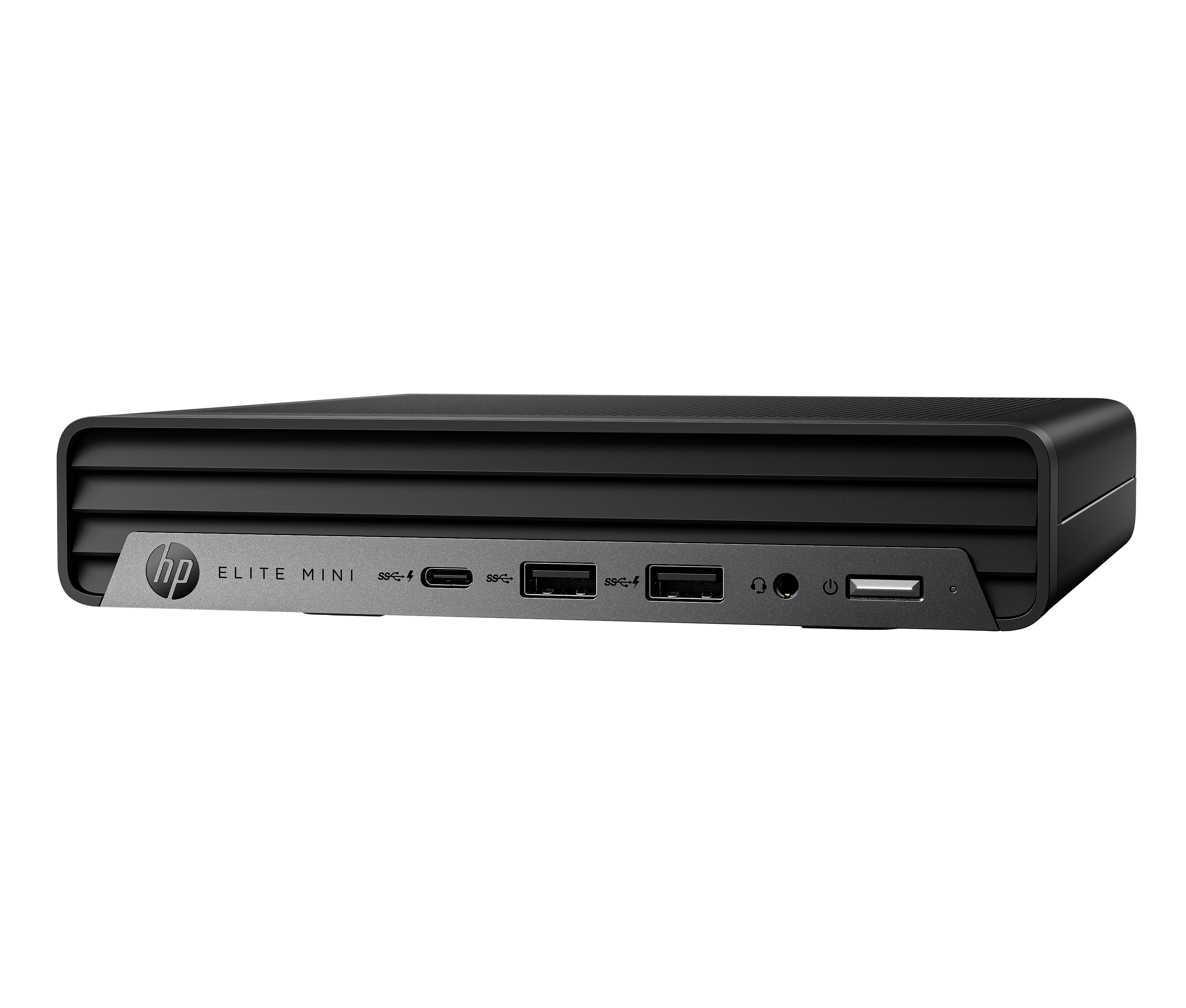 Een zwarte HP Elite Mini PC op een witte achtergrond. Het heeft poorten en het HP-logo.