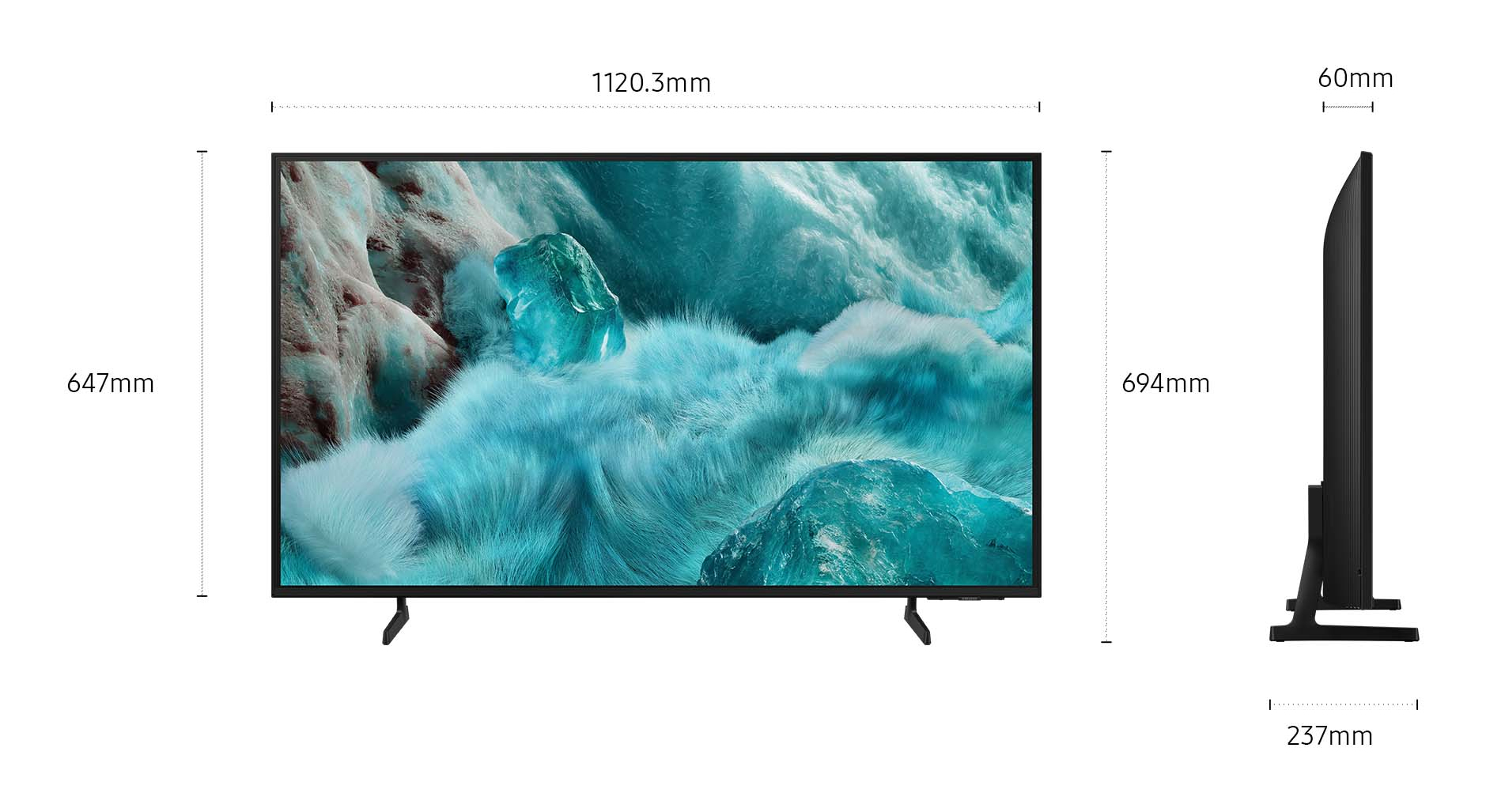 Une télévision affiche les dimensions. Elle affiche une image bleue et nuageuse. Les dimensions sont 1120,3 mm x 647 mm x 60 mm. Le support est de 237 mm.