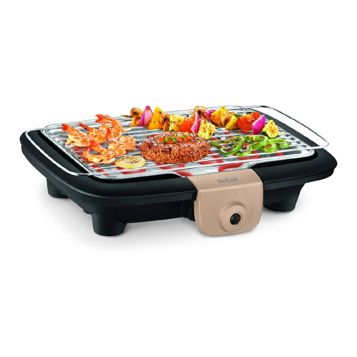 Een elektrische grill met gegrilde garnalen, groenten en een burger. De grill is zwart met een beige bedieningspaneel. Witte achtergrond.