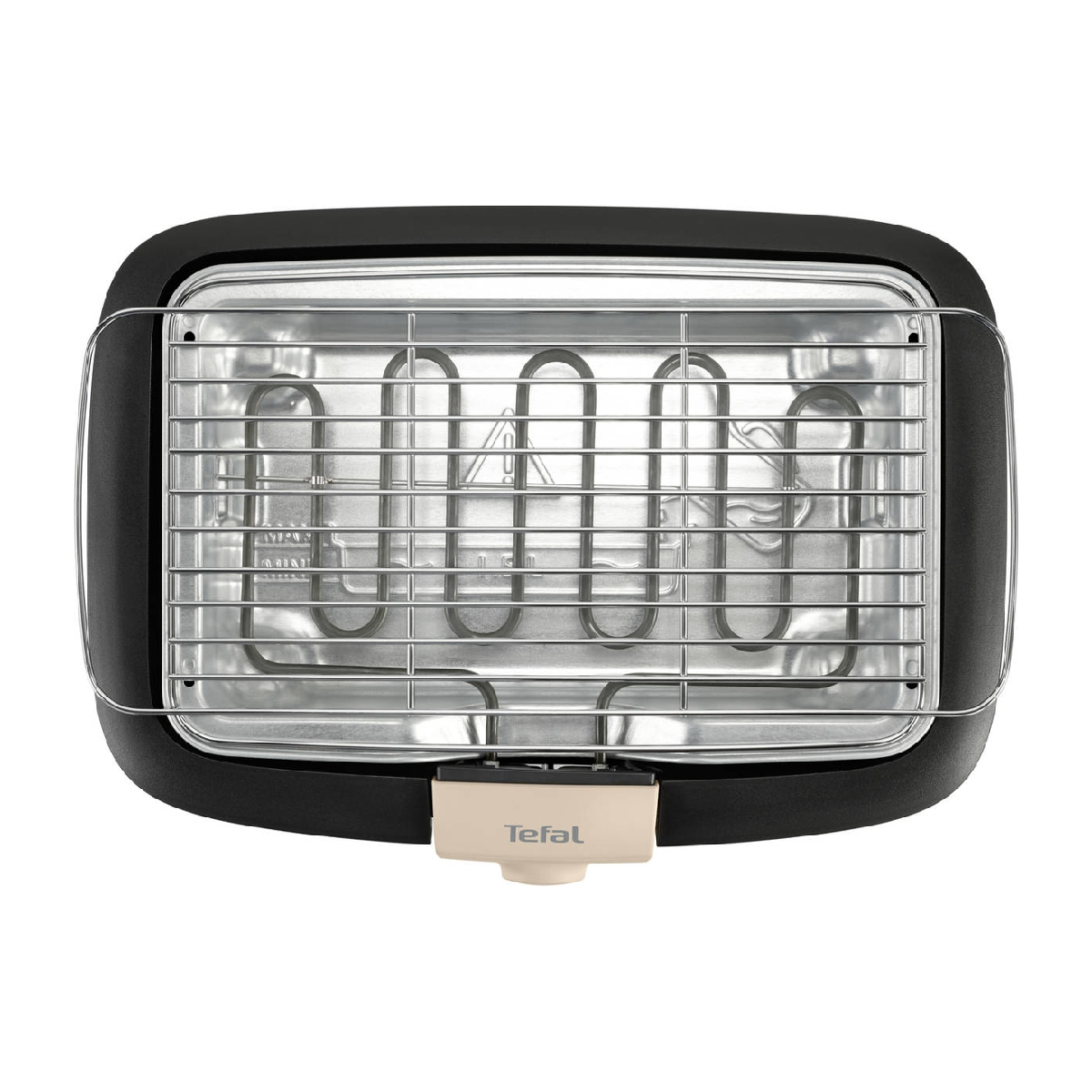 Vista superior de una parrilla eléctrica Tefal. Tiene un marco negro, una parrilla plateada y un mango beige con el logotipo de Tefal.