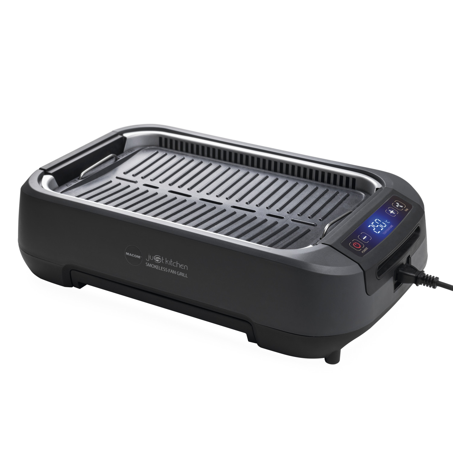 Ein schwarzer rauchloser Lüftergrill von just kitchen. Er hat ein digitales Display mit Temperaturanzeige und ein Netzkabel.