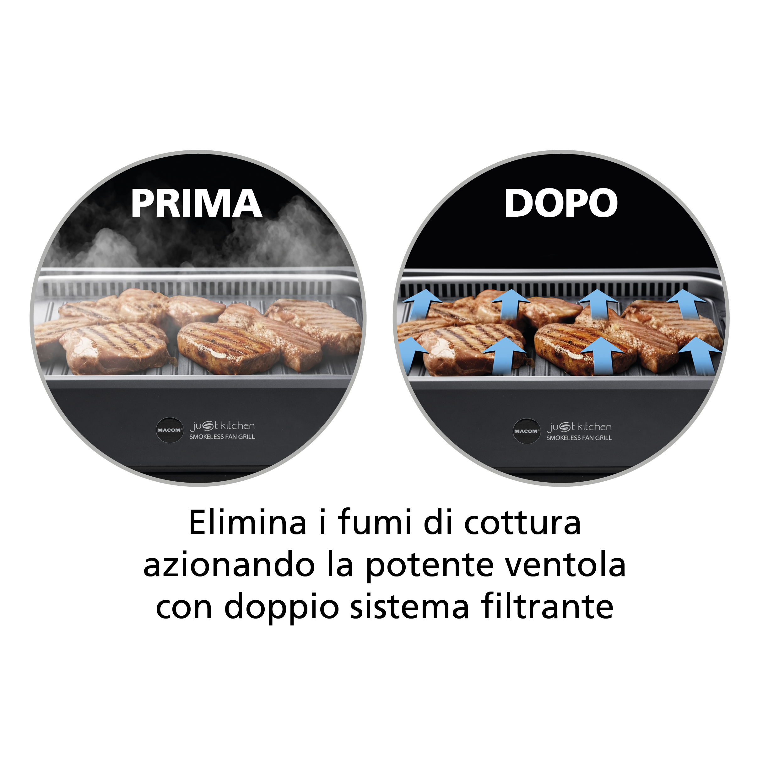 Das Bild zeigt einen Grill mit Steaks vor und nach dem Gebrauch. Text wirbt für die Rauchentfernung mit einem leistungsstarken Ventilator.