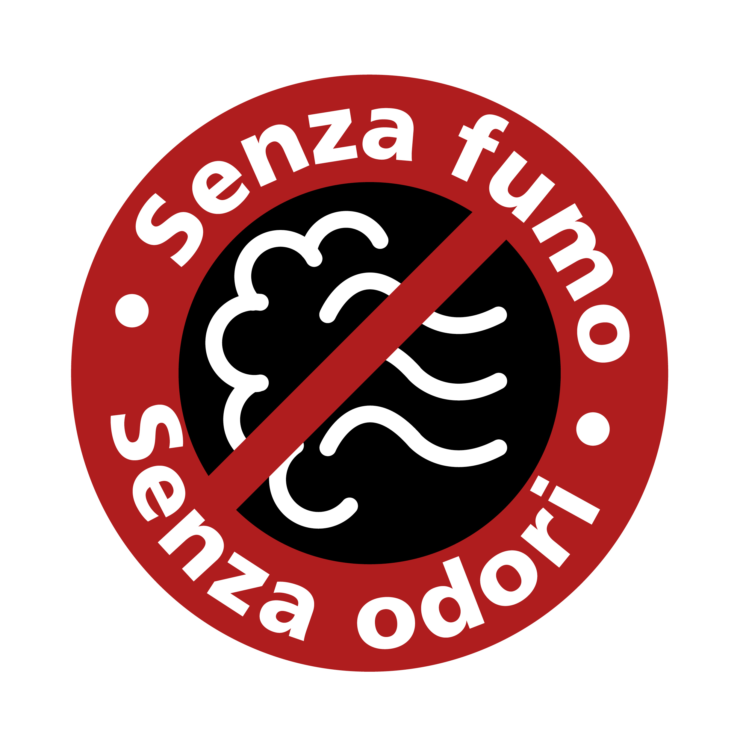 Ein rotes Kreisschild mit weißem Text: 'Senza fumo senza odori' (Kein Rauch, keine Gerüche). Ein Rauchsymbol ist durchgestrichen.