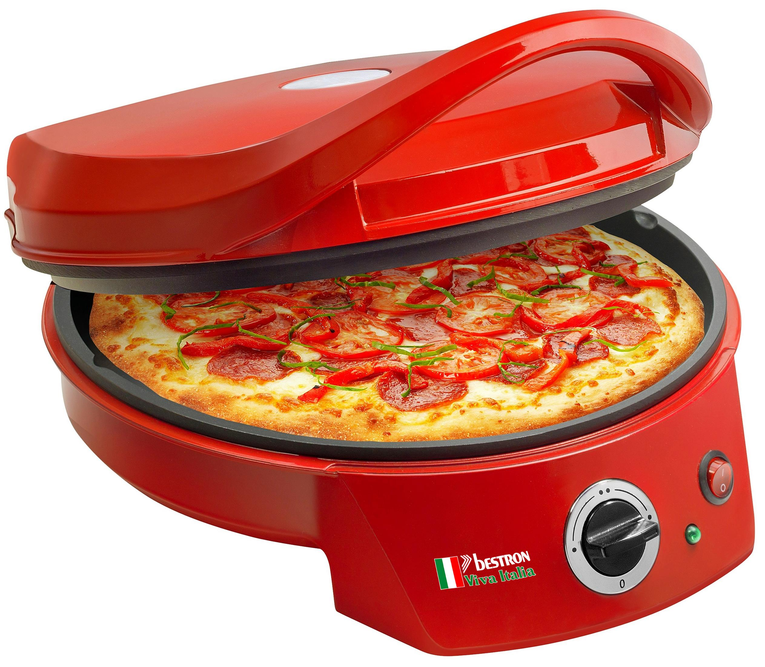 Roter Pizzaofen mit Pizza. Pizza hat Tomaten- und Paprika-Beläge. Gerät hat Drehknopf und Einschaltknopf.