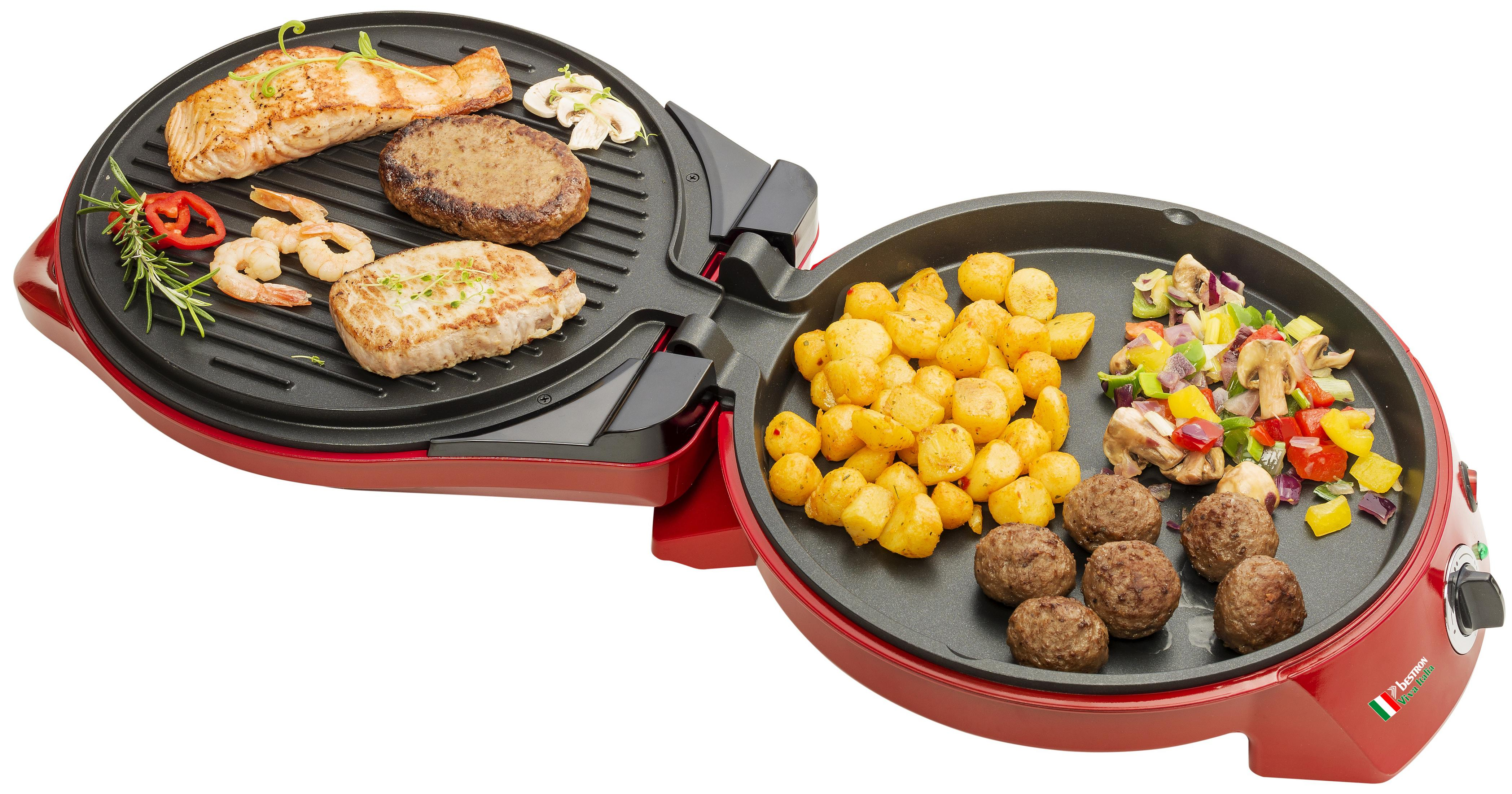 Ein roter Elektrogrill mit verschiedenen Lebensmitteln. Lachs, Burger, Garnelen und Steak auf dem Grill. Kartoffeln, Fleischbällchen und Gemüse.