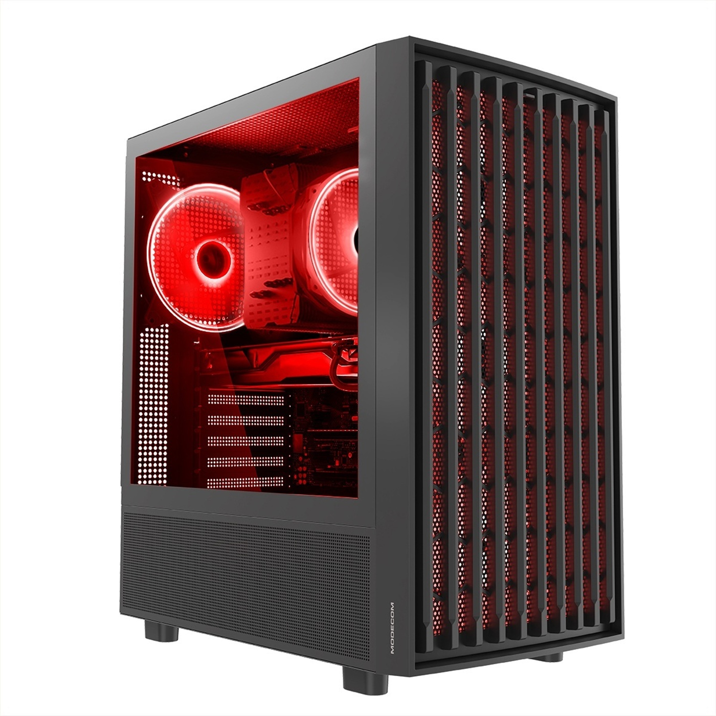 Case per computer nero con componenti illuminati di rosso. Ventole e parti interne visibili. Frontale con lamelle verticali e mesh.