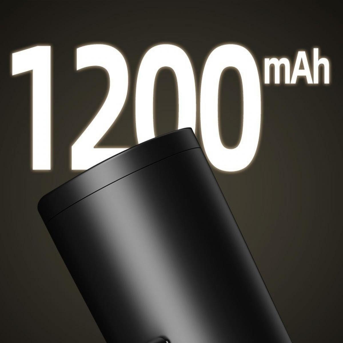 Ein schwarzer, zylindrischer Gegenstand mit verschwommenem Hintergrund, der den Text "1200 mAh" in Weiß anzeigt.