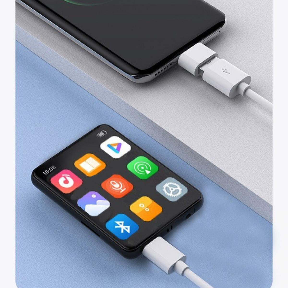 Ein schwarzes Smartphone mit Symbolen ist mit einem weißen Kabel verbunden, neben einem schwarzen Telefon. Blaue und weiße Oberfläche.