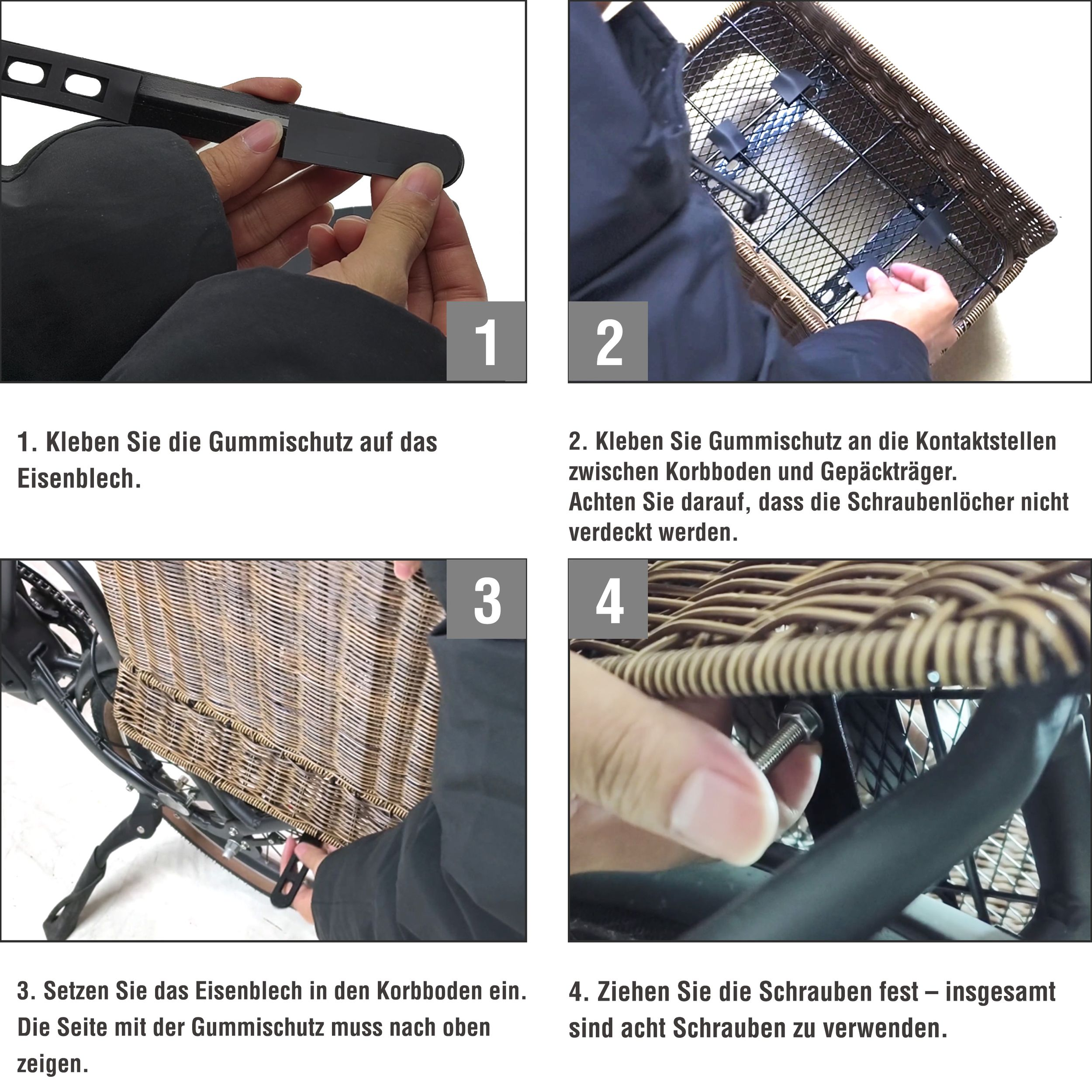 Vier Bilder zeigen die Montage eines Fahrradkorbs. Hände befestigen Teile und schrauben sie fest.