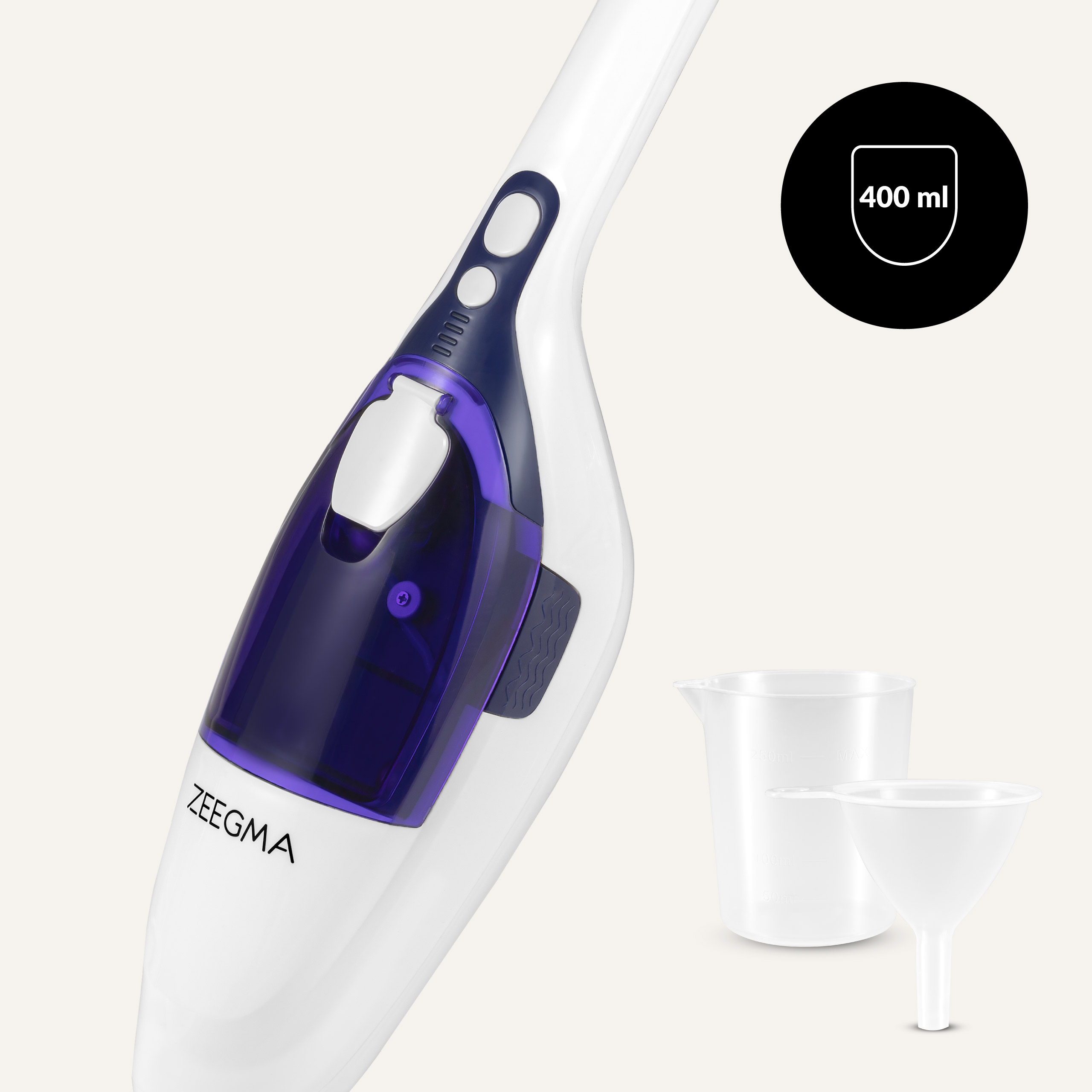 Biało-niebieski parownik z akcesoriami. Zawiera miarkę, lejek i wskaźnik pojemności 400 ml.