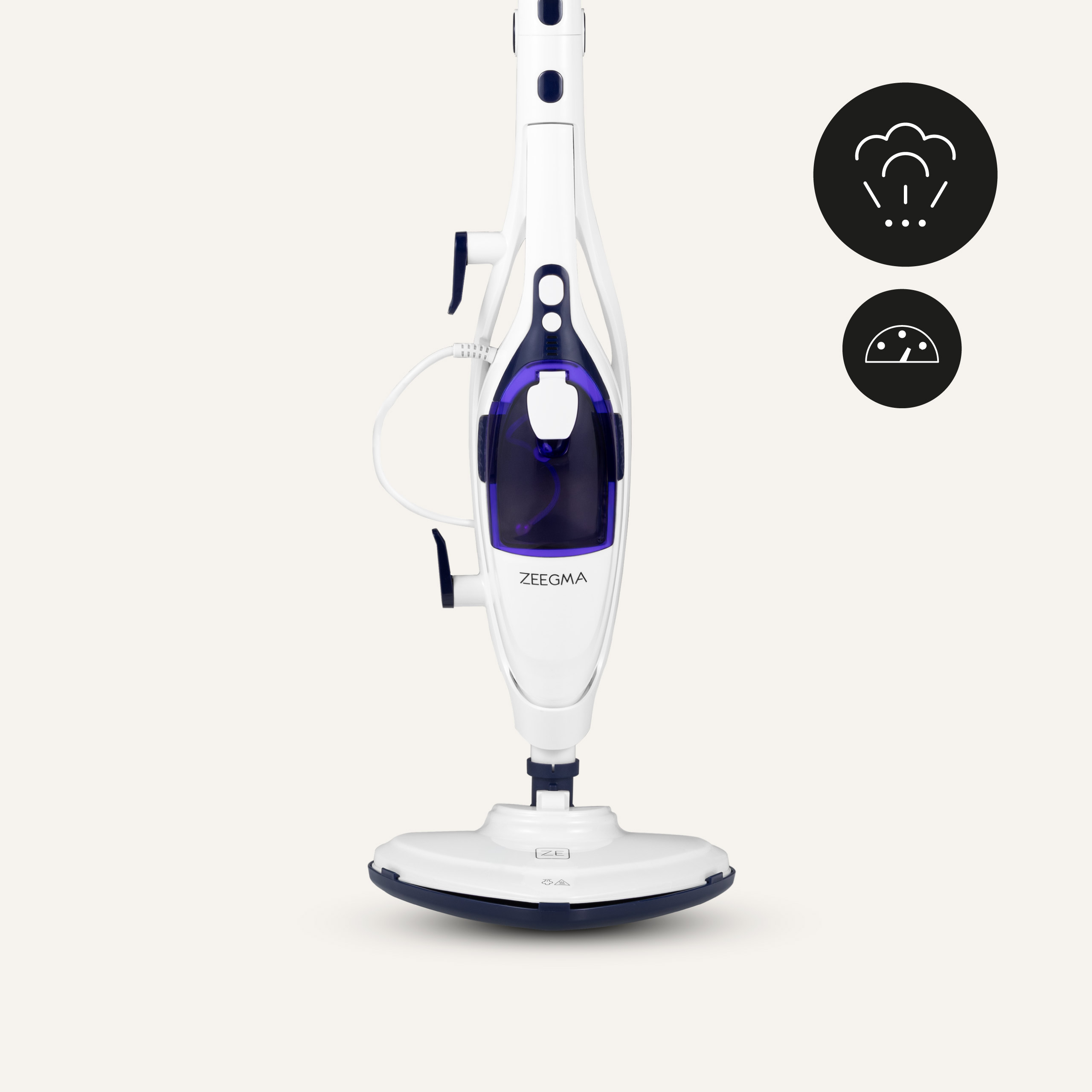 Biała i granatowa myjka parowa Zeegma. Dwie czarne okrągłe ikony z symbolami pary i miernika po prawej.