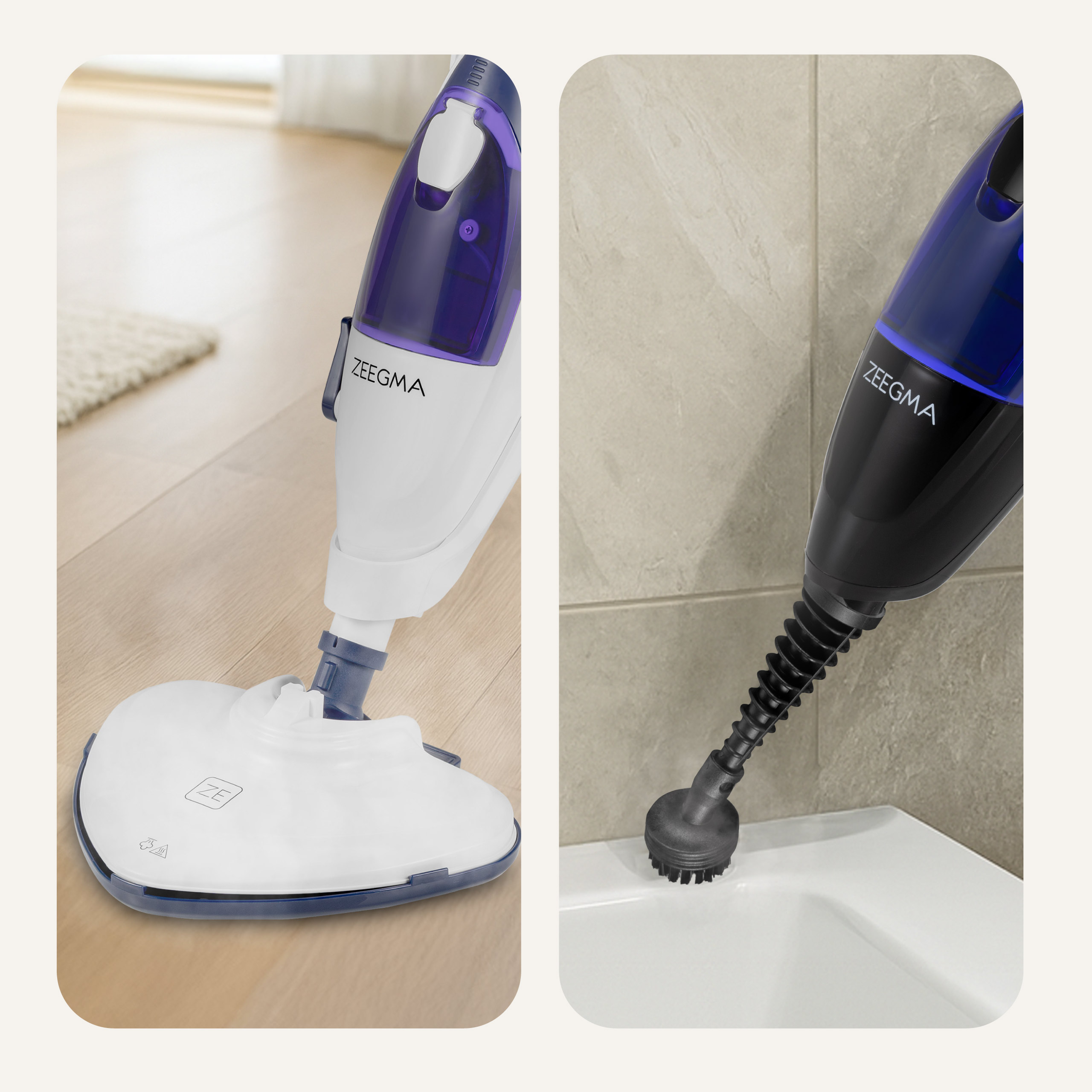 Pokazano parownicę, z białym i niebieskim korpusem. Prawa strona pokazuje głowicę szczotki czyszczącą białą powierzchnię.