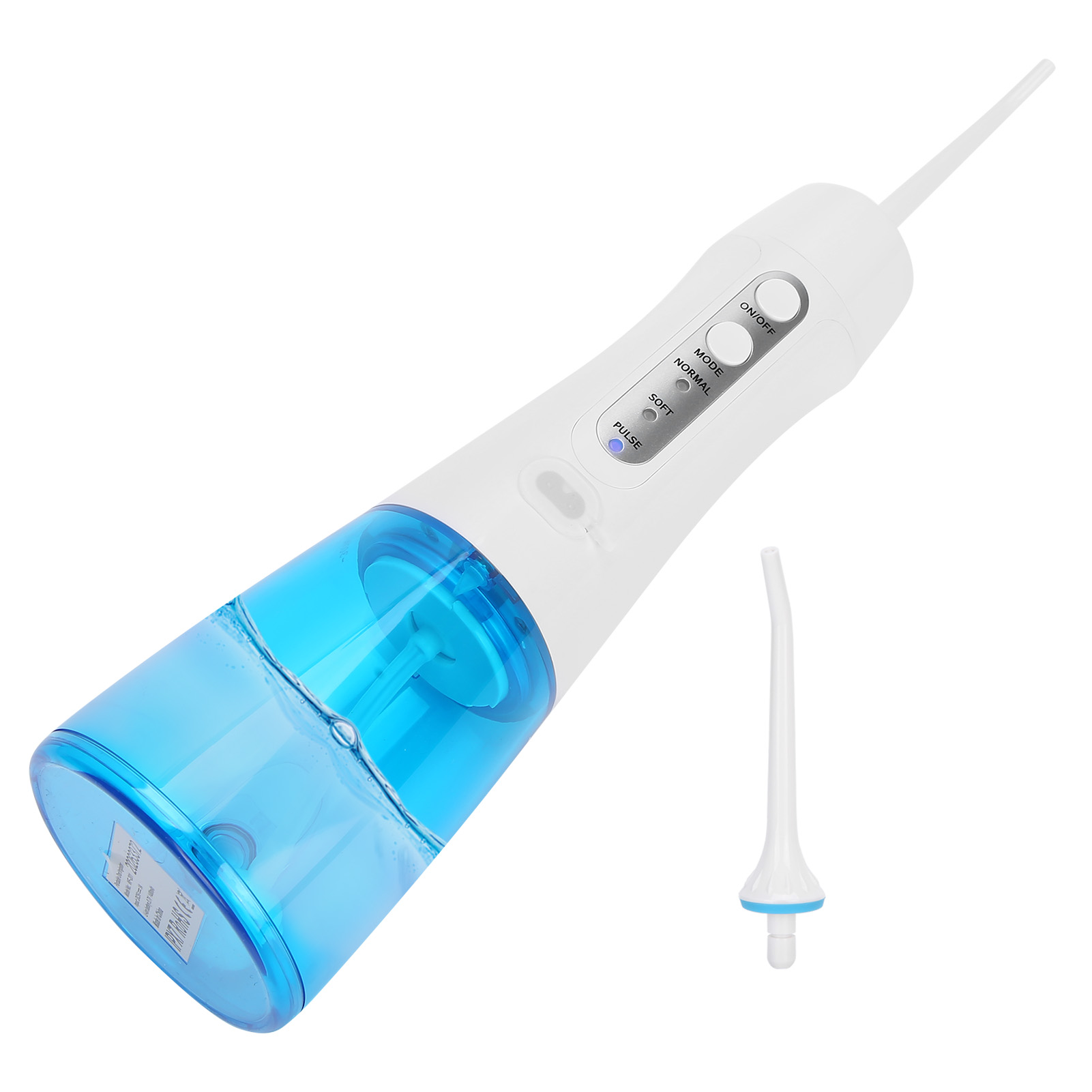 Ein weiß-blauer Wasserflosser. Er hat einen Wasserbehälter und Knöpfe. Eine separate Düse befindet sich rechts.