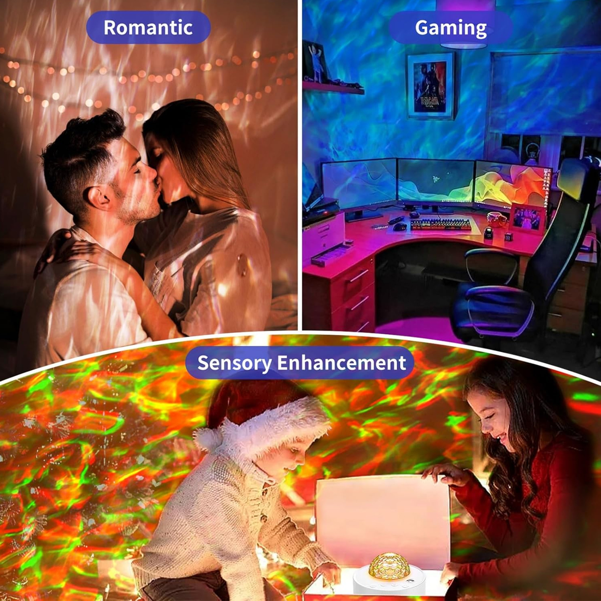 Ein Mann und eine Frau küssen sich, ein Gaming-Setup mit mehreren Monitoren und zwei Kinder betrachten einen Lichtprojektor.