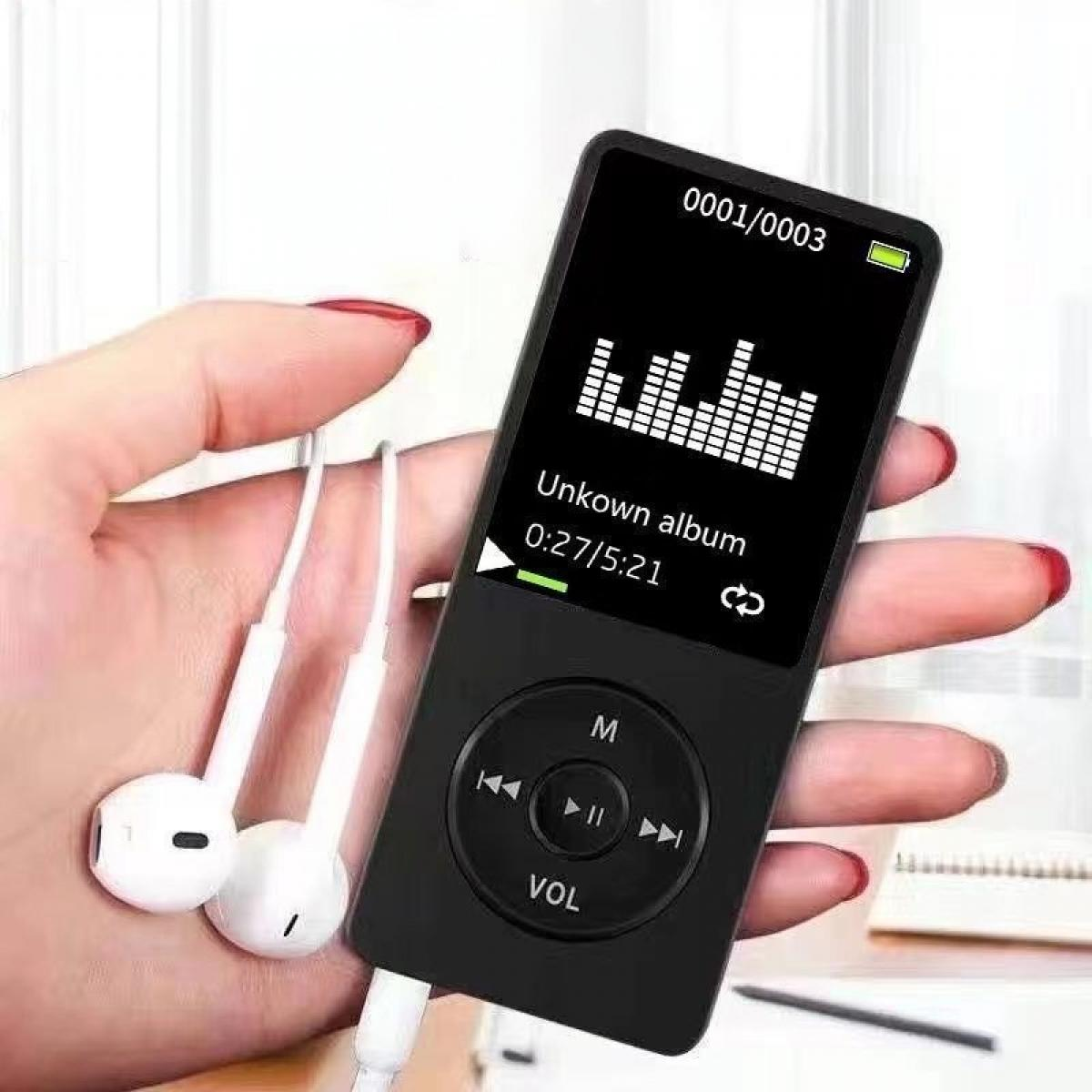 Eine Hand hält einen schwarzen MP3-Player mit weißen Ohrhörern. Der Bildschirm zeigt eine Musikwellenform. Die Fingernägel sind rot lackiert.