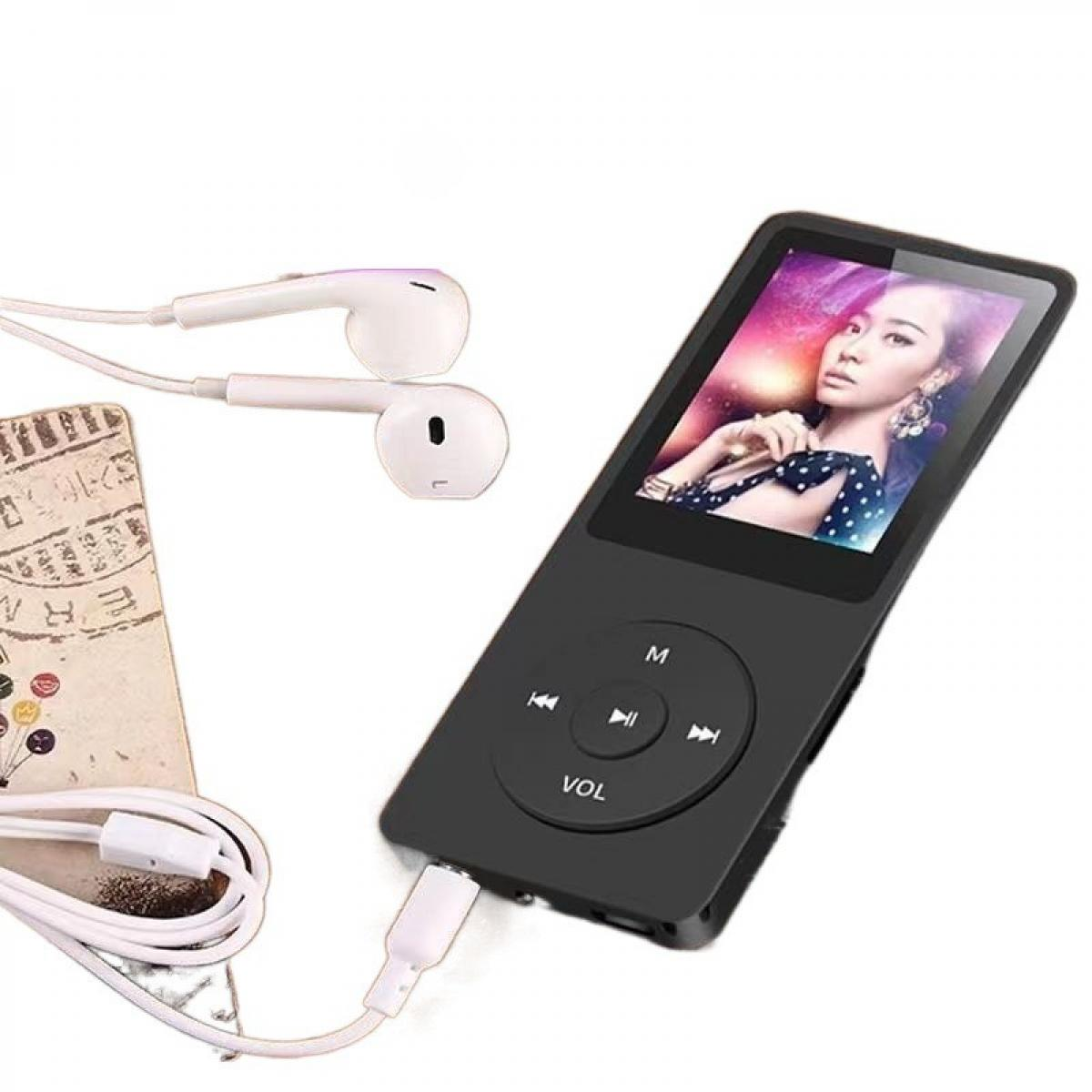 Schwarzer MP3-Player mit Bildschirm, der eine Frau zeigt. Weiße Kopfhörer und Ladekabel sind vorhanden. Eine Postkarte befindet sich links.