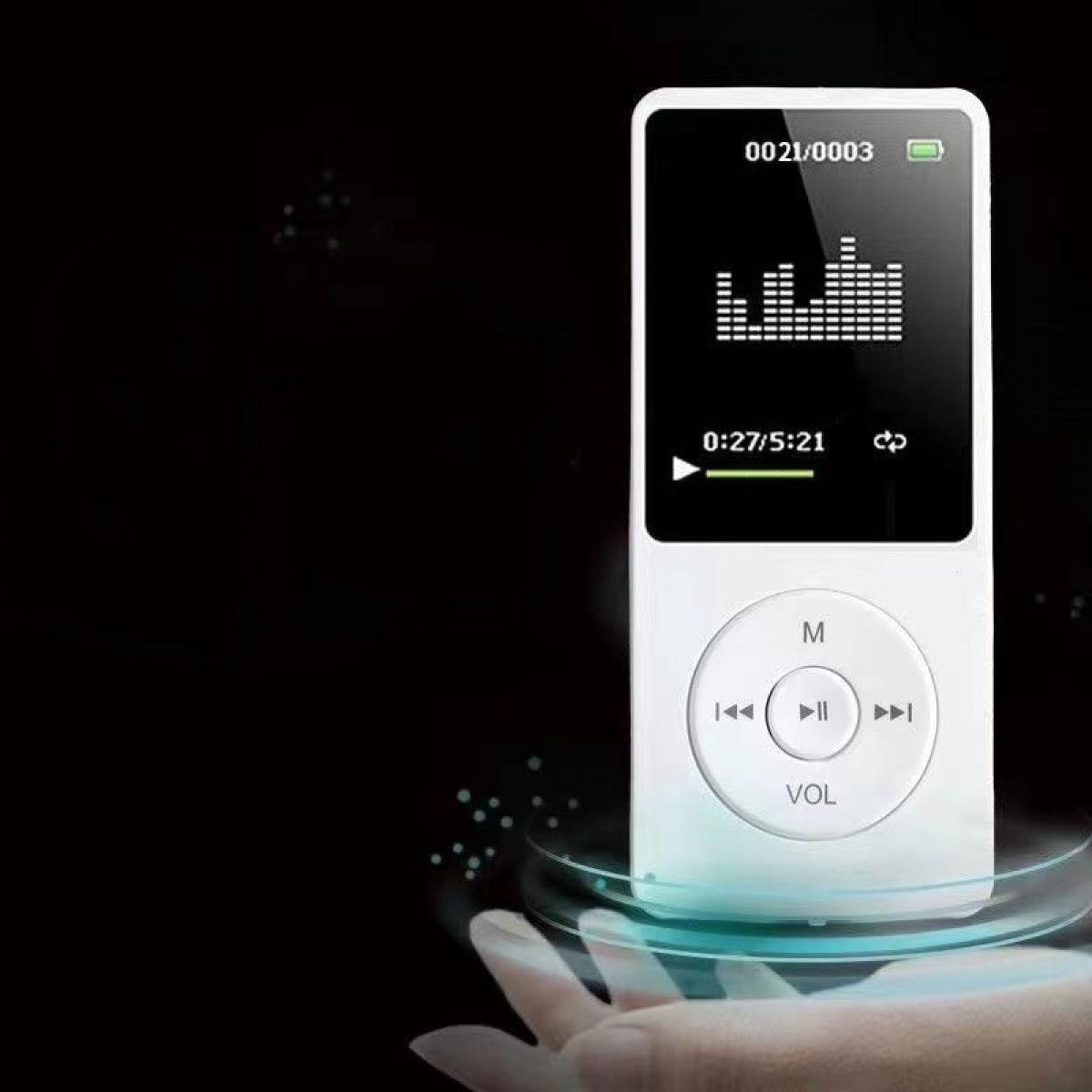 Ein weißer MP3-Player wird in der Hand gehalten. Der Bildschirm zeigt Musik. Der Player hat Tasten für Lautstärke und Wiedergabe.