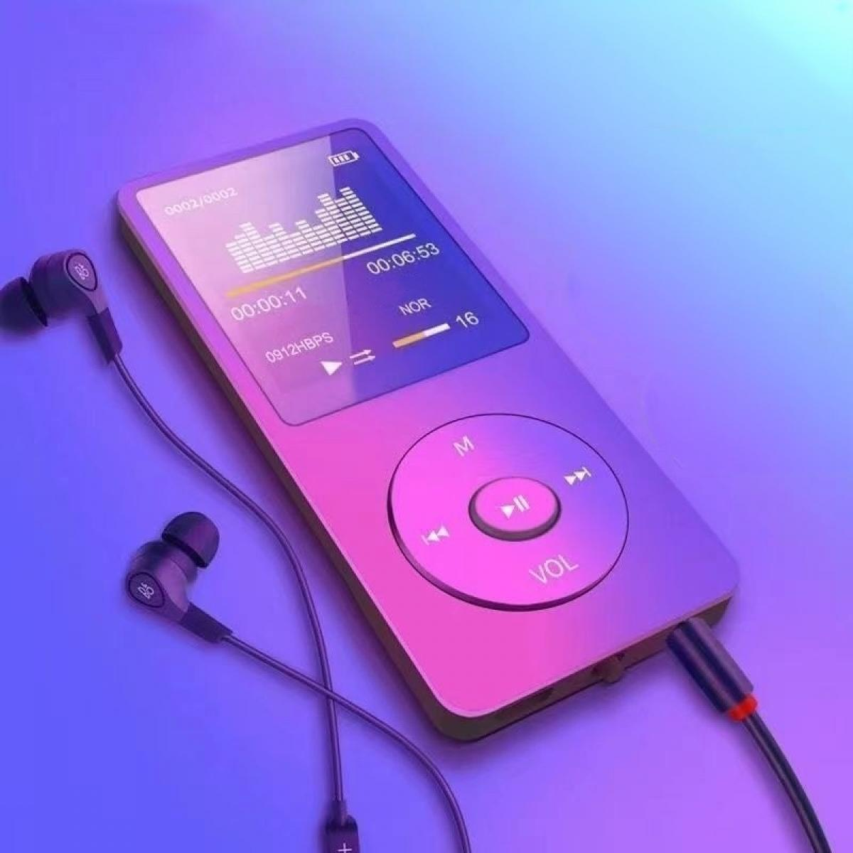 Ein rosa MP3-Player mit Ohrhörern und einem Ladekabel. Der Bildschirm zeigt Musikanformationen an. Der Hintergrund ist ein Gradient aus Blau und Lila.