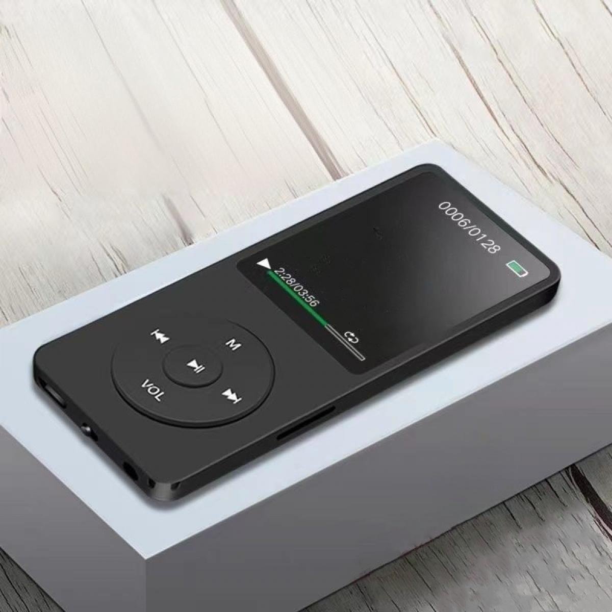 Schwarzer MP3-Player mit Bildschirm, der Zeit und Akku anzeigt. Mit Steuertasten auf einer weißen Box.