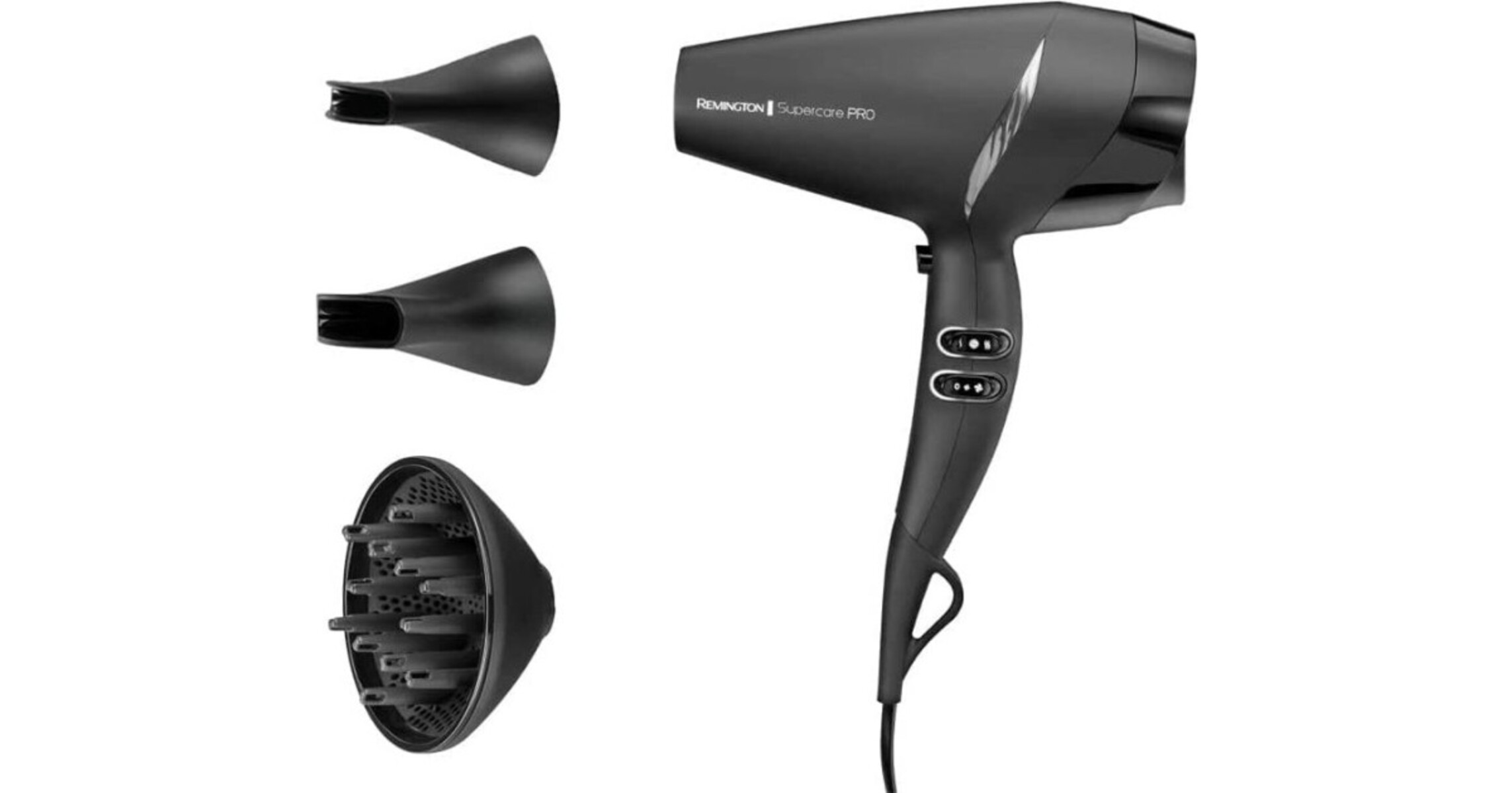 Un asciugacapelli nero Remington Supercare PRO con tre accessori. È su sfondo bianco.