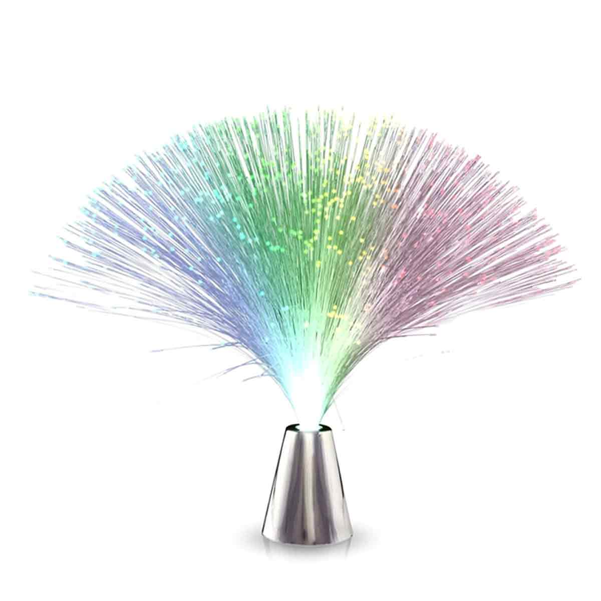 Eine Glasfaserlampe mit bunten Lichtsträhnen, die von einem silbernen Sockel ausgehen und ein Farbspektrum zeigen.