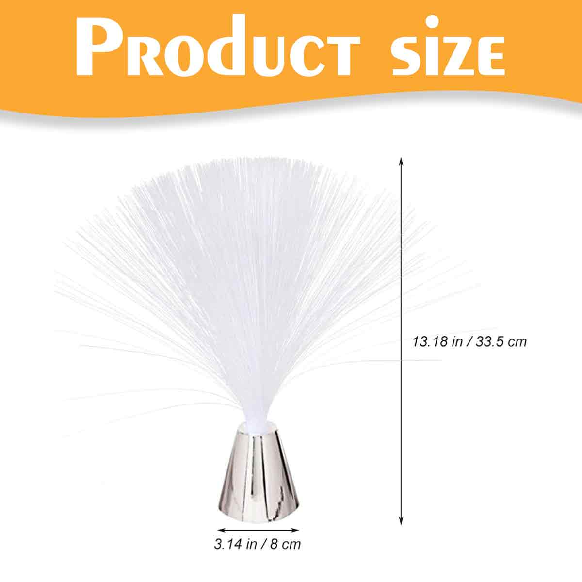 Ein dekoratives Licht mit weißen Glasfasern, einem silbernen Sockel und Größenangaben: 13,18 Zoll/33,5 cm hoch und 3,14 Zoll/8 cm breit.
