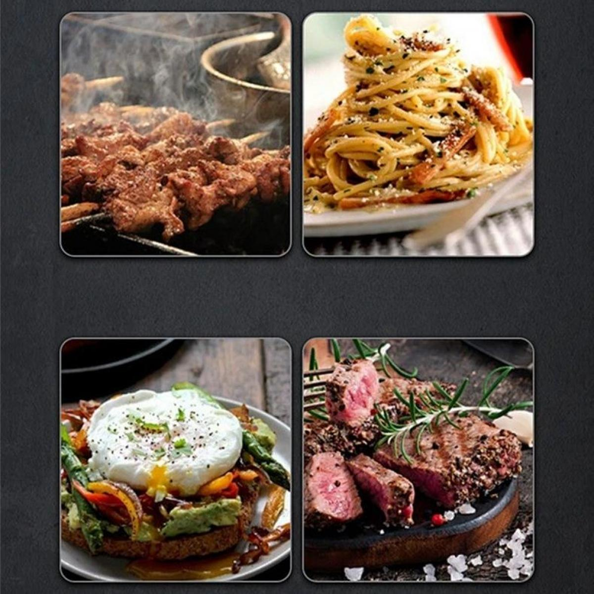 Vier Essensbilder: gegrilltes Fleisch, Pasta, Toast mit Ei und Gemüse und Steak.