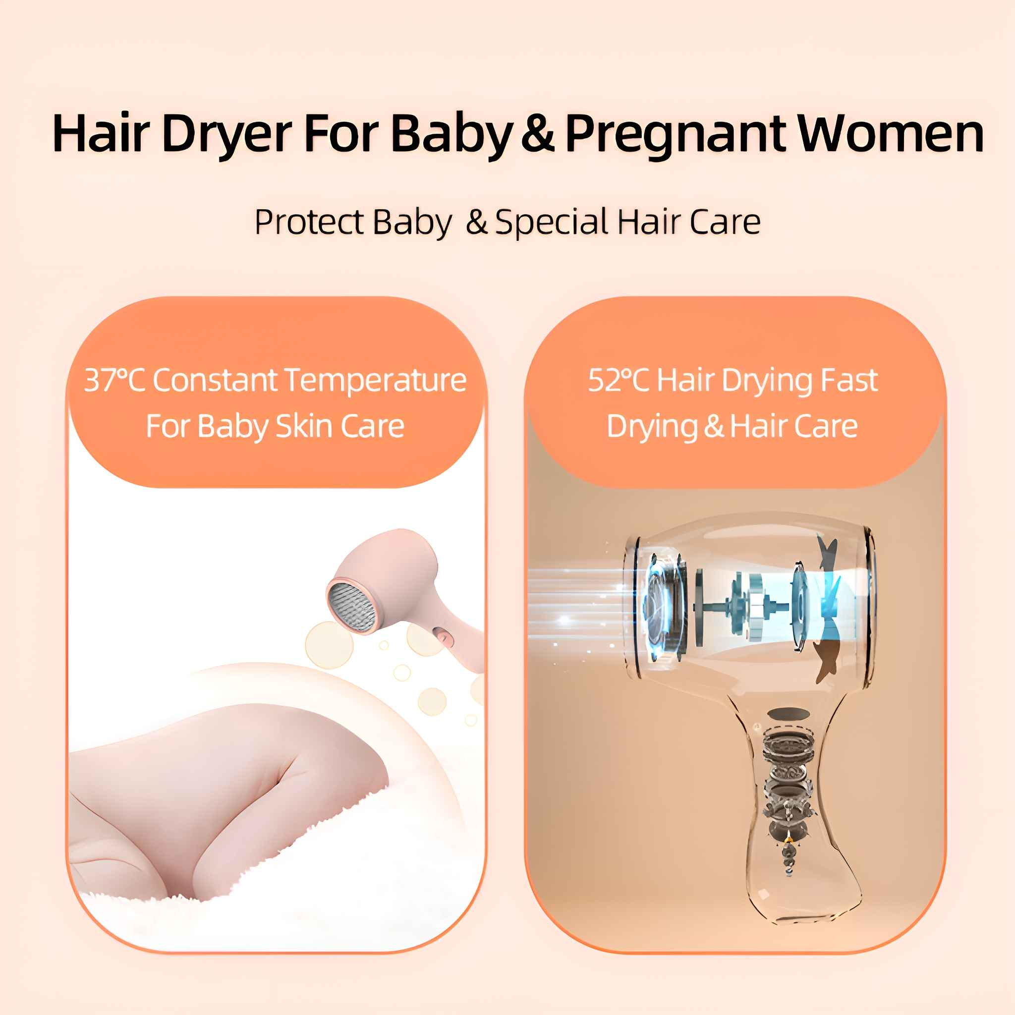 Bild eines Haartrockners für Babys und Schwangere. Es zeigt Temperaturregler und das Produkt.