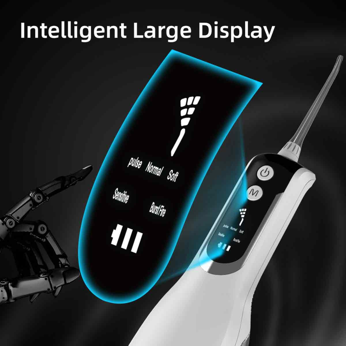 Ein weiß-schwarzer Munddusche mit digitalem Display. Das Display zeigt Einstellungen wie Puls, normal und weich.