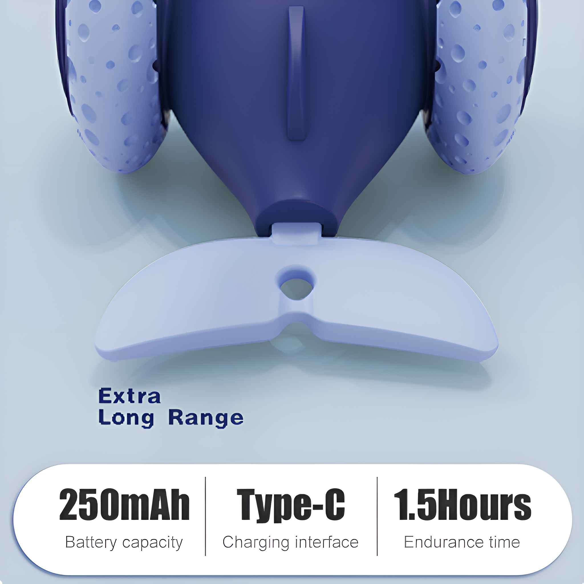Blauer Spielzeugdelfin mit weißer Schwanzflosse. Text: 250mAh Batterie, Typ-C-Laden, 1,5 Stunden Ausdauer. Extra große Reichweite.