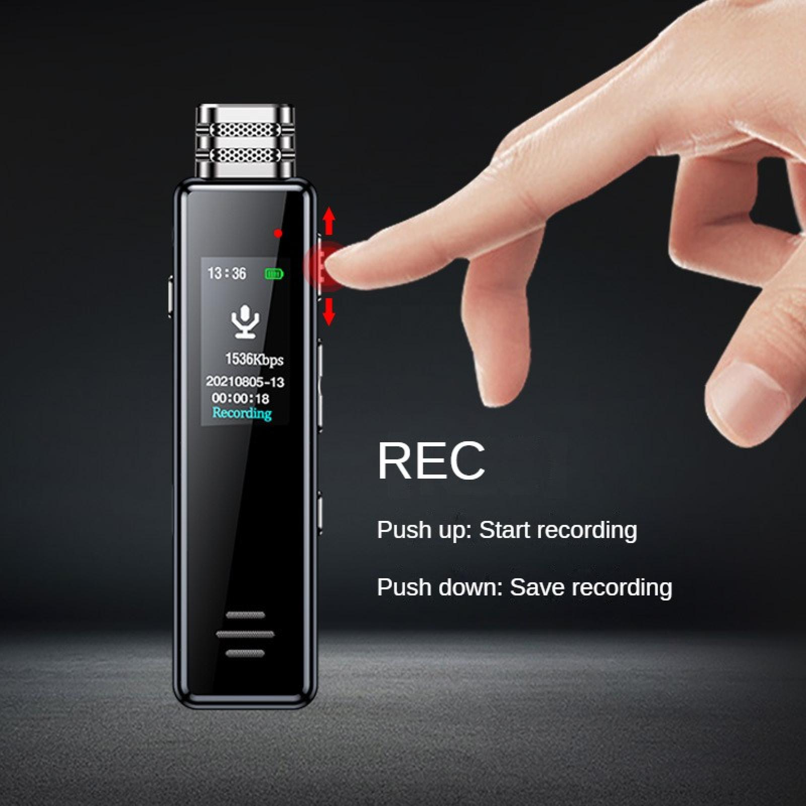 Ein schwarzes digitales Aufnahmegerät. Ein Finger drückt eine Taste. Der Bildschirm zeigt Aufnahme-Details. Der Hintergrund ist dunkelgrau.